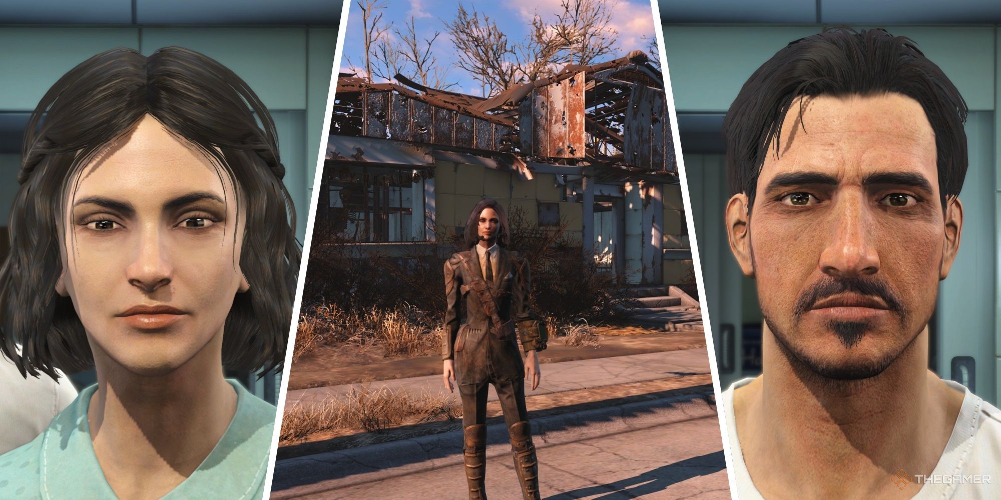 Fallout Split image of the female character creation, a character with armour and a suit, and the male character creation screen