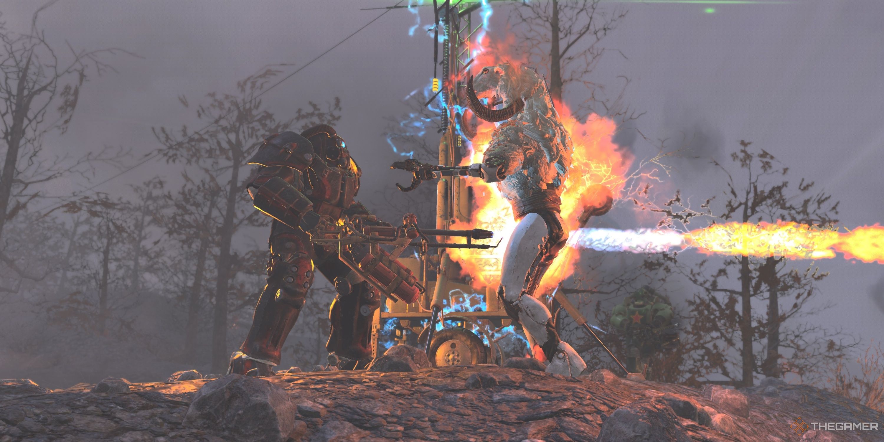 A Vault Dweller in Power Armor uses a flamer on an Imposter Sheepsquatch in Fallout 76.