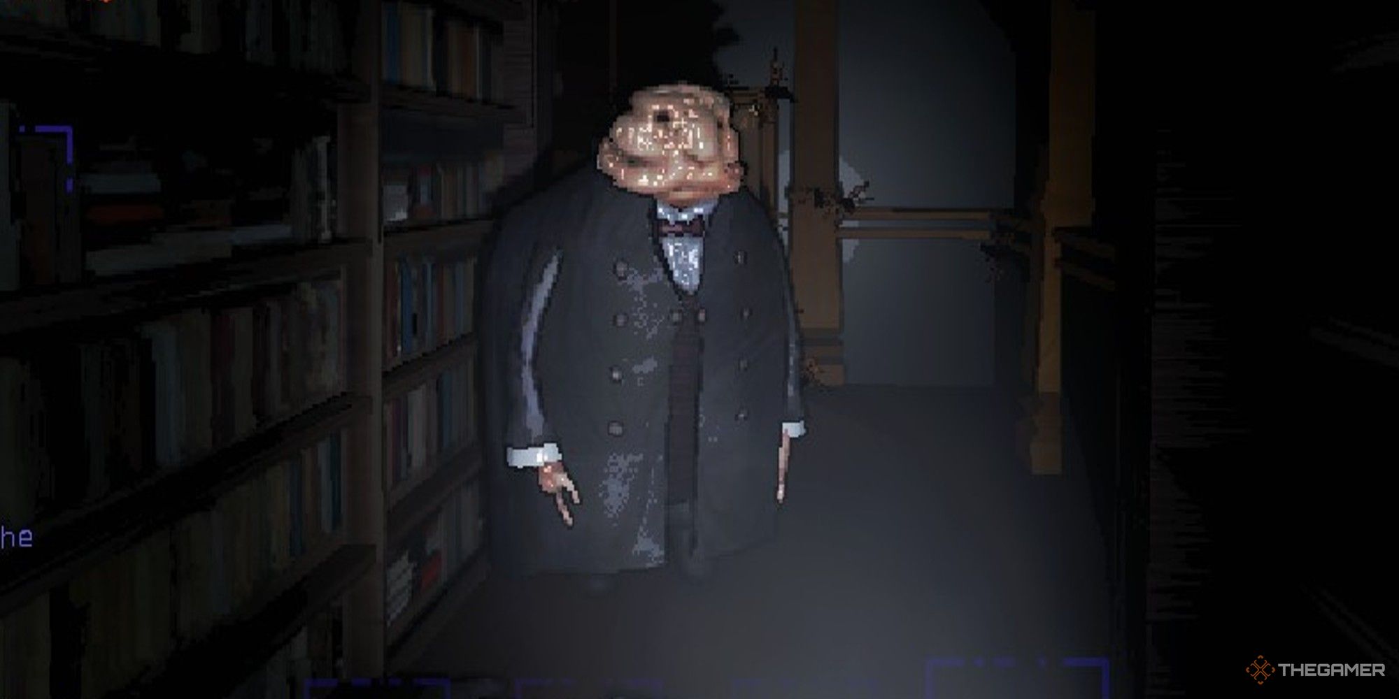 Close up view of a Butler standing by a bookshelf in a mansion and being lit up by a flashlight in Lethal Company.