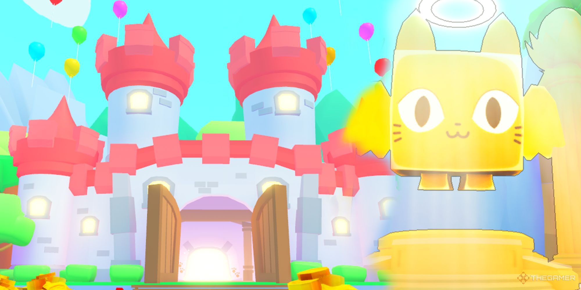 The castle (left) and first rebirth statue, a giant, angelic cat (right) in Pet Simulator 99.