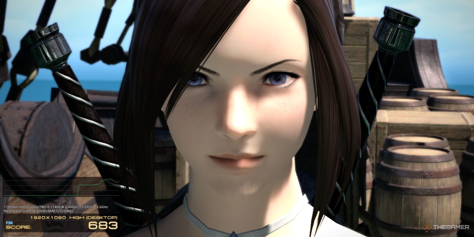 A player character from Final Fantasy 14 in the Dawntrail benchmark