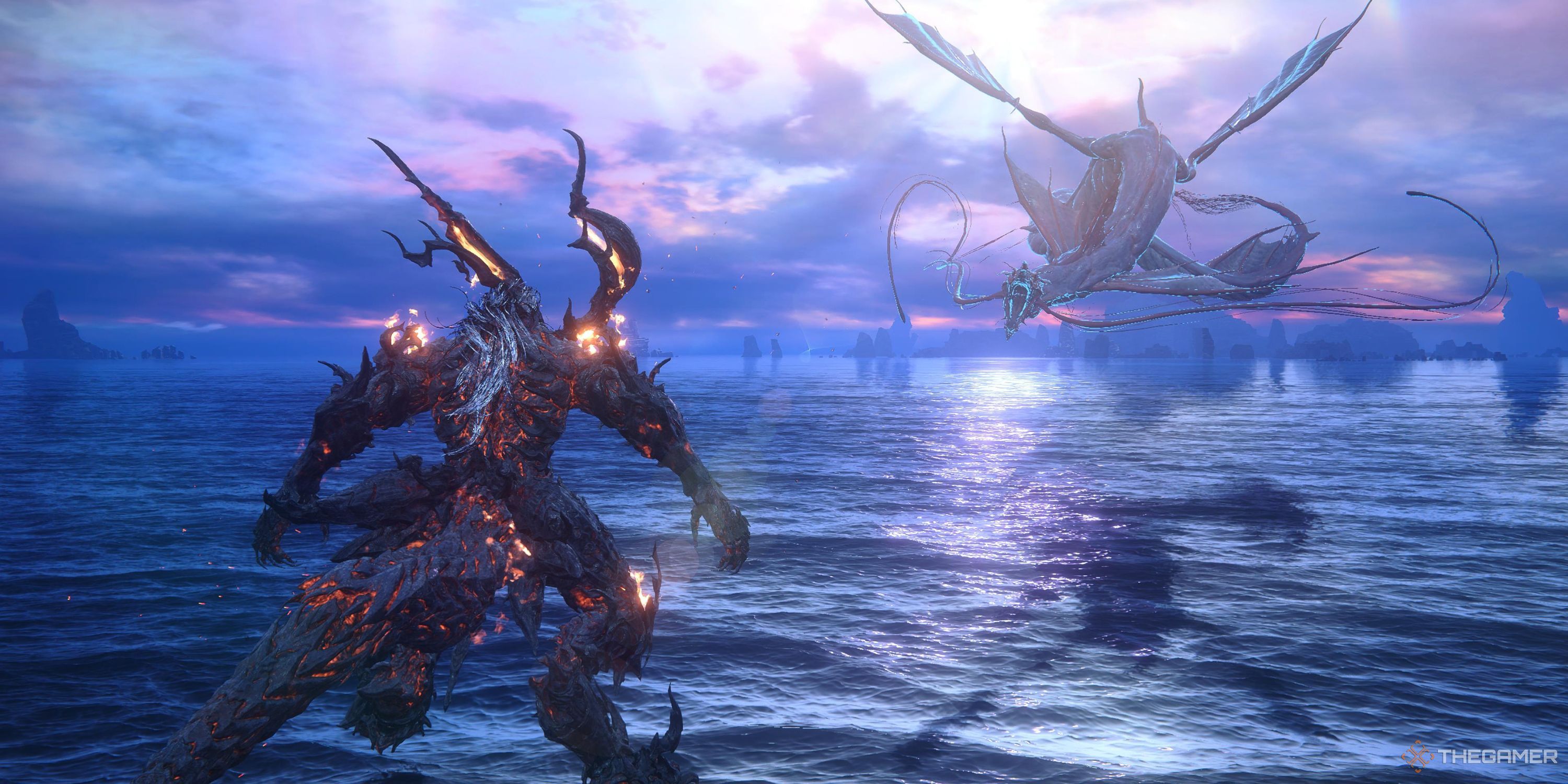 Final Fantasy 16 The Rising Tide Ifrit and Leviathan face each on the water