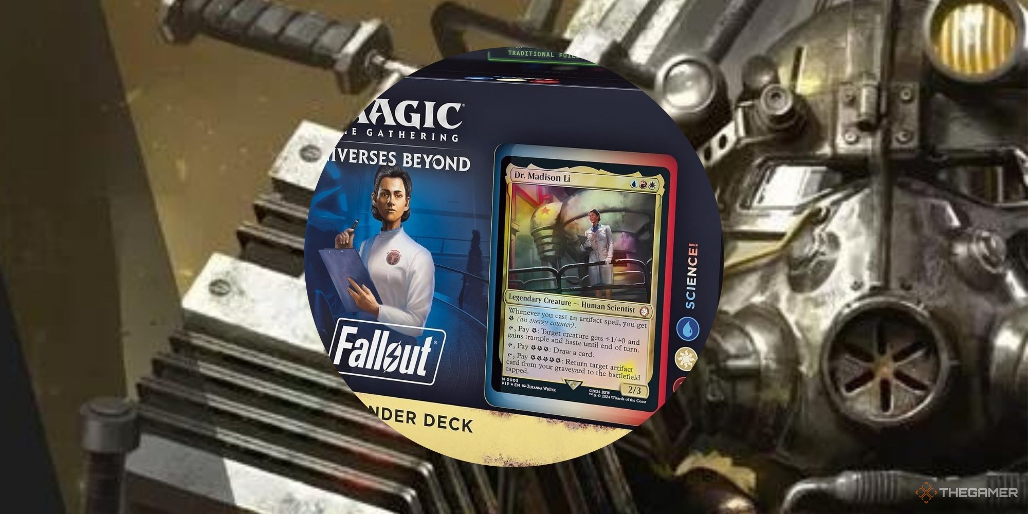 mtg universe beyond fallout science commander deck on a power armor background