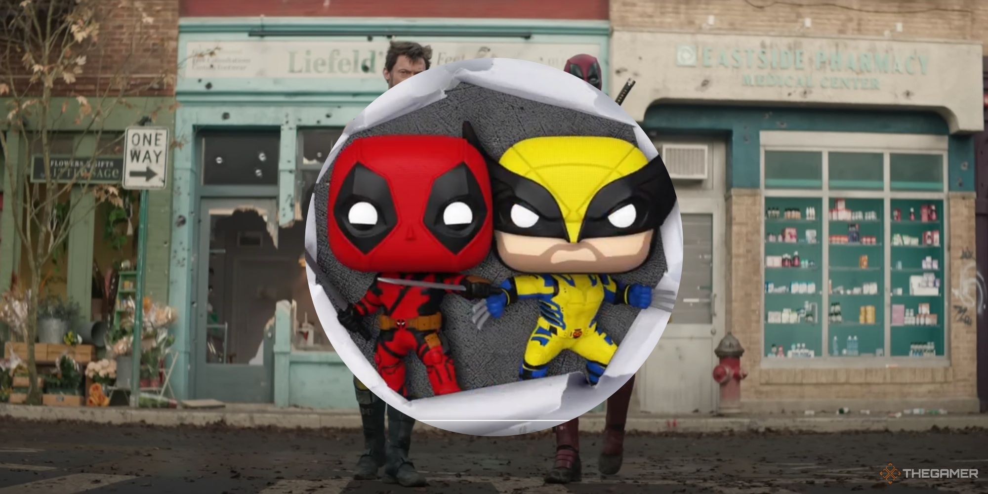 deadpool and wolverine funko pops on with real deadpool and wolverine behind them