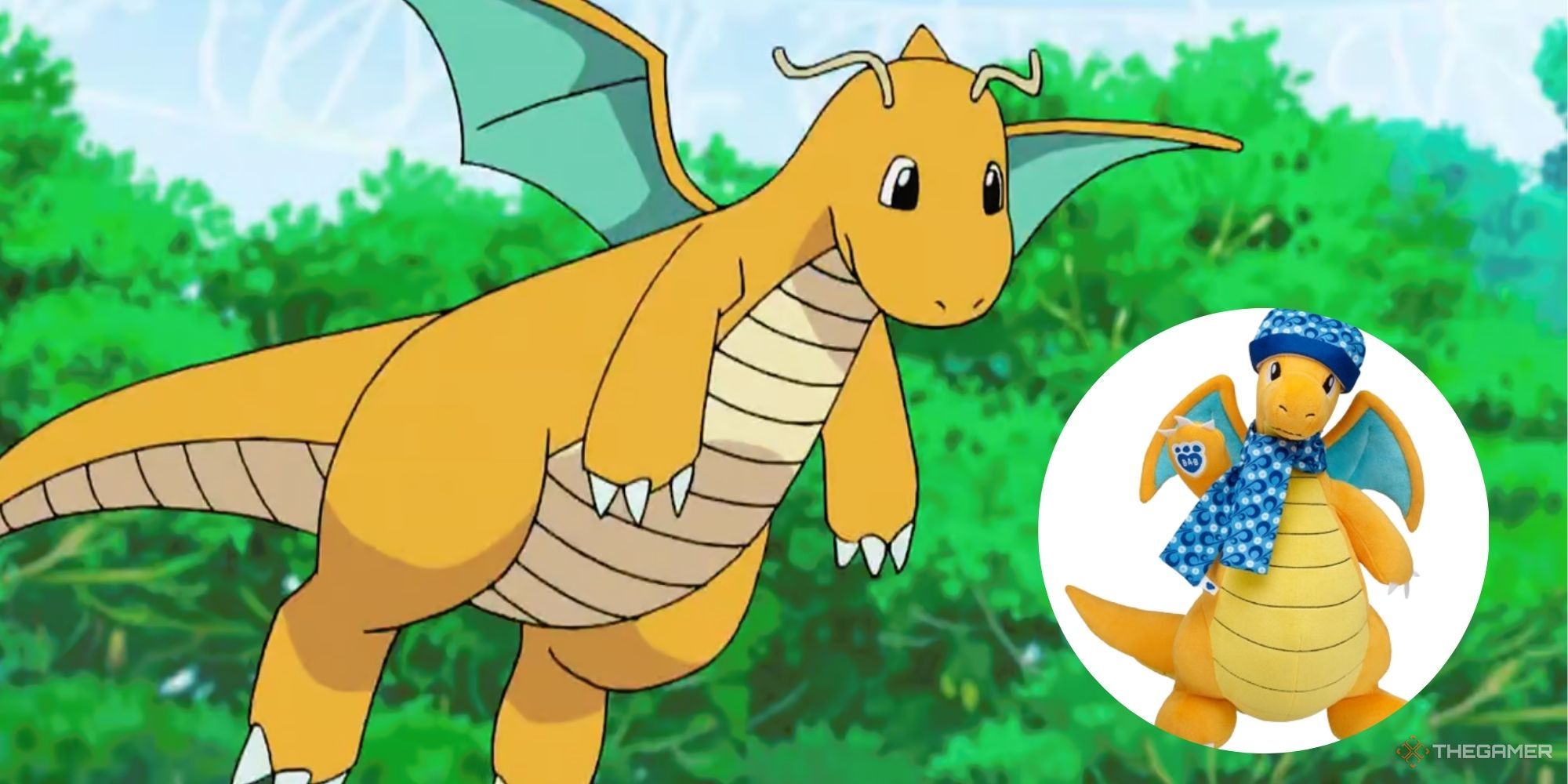 dragonite in the pokemon anime looking at a build-a-bear dragonite