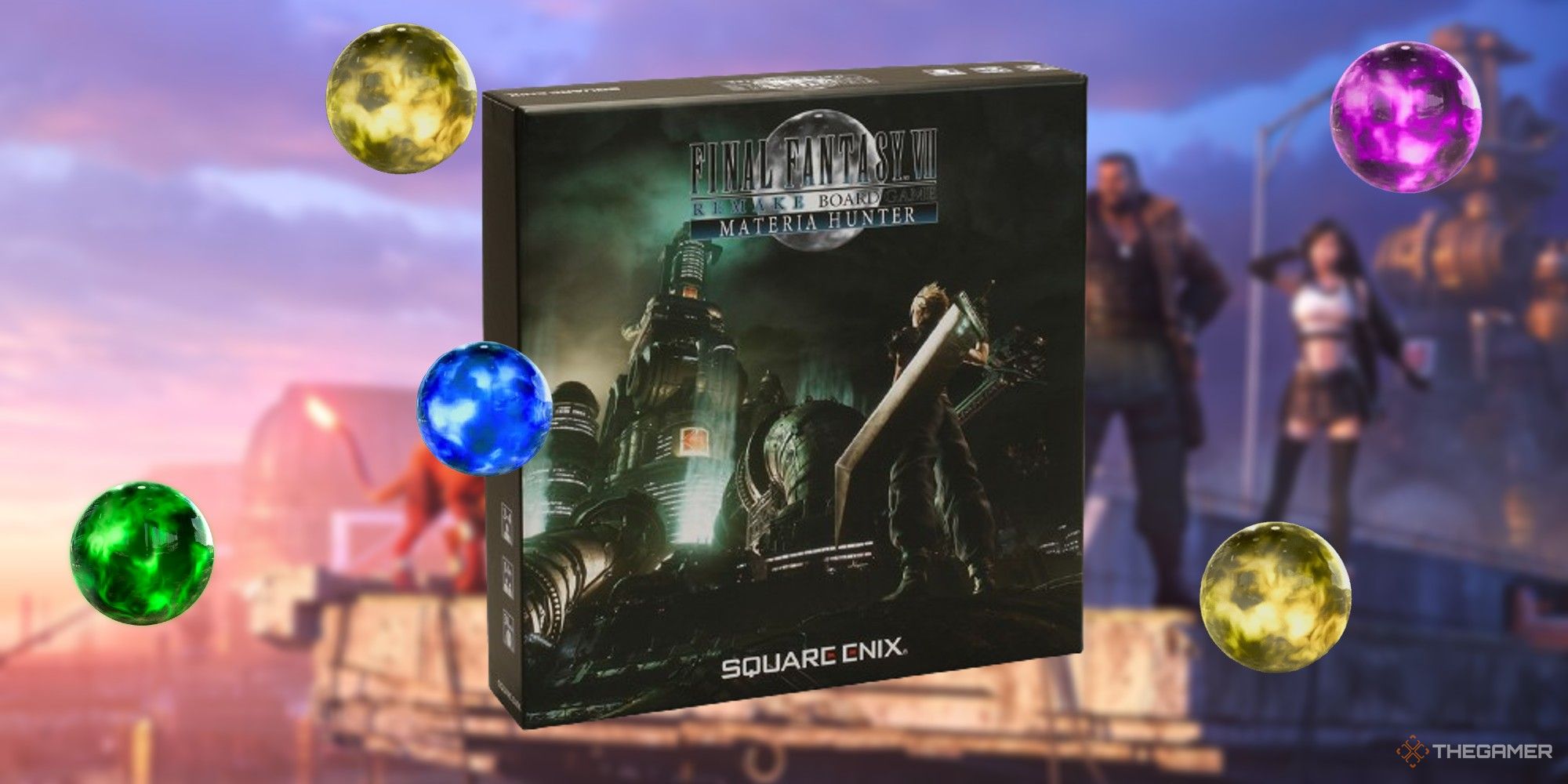final fantasy 7 remake materia hunter board game with materia floating around it
