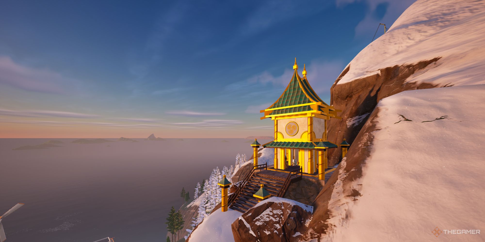 An image from Fortnite of the Air Bending Shrine, which gives you two Airbending Scrolls. This Shrine is located on the side of a mountain.