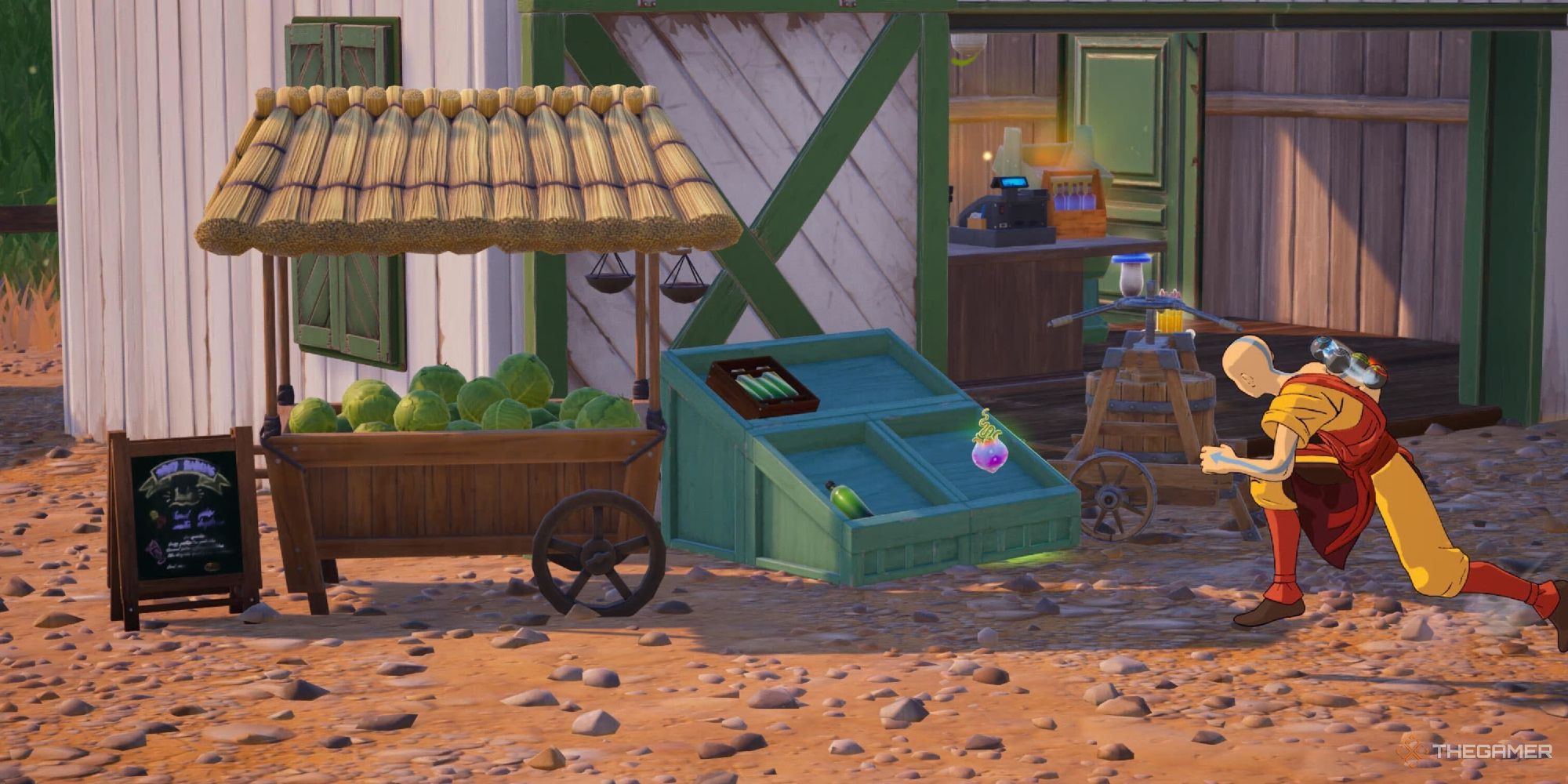 A screenshot from Fortnite Chapter Five, Season Two showing the Aang running in from the side of the screen toward a Cabbage Stand.