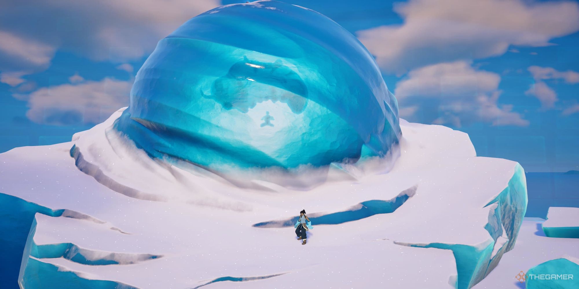 A screenshot from Fortnite Chapter Five, Season Two, shwoing Korra with Ice Fan pickaxes standing in front of the large iceberg with Aang and Appa inside.
