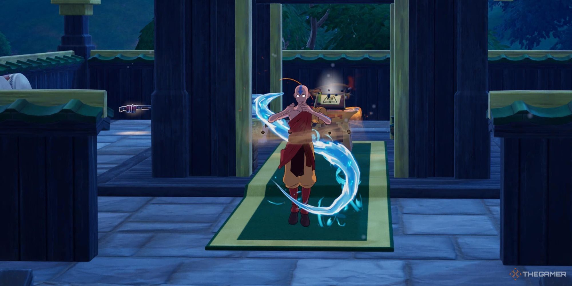 A screenshot from Fortnite's Chapter Five, Season Two, showing Avatar Aang summoning all four elements while floating in front of an Earthbending temple.