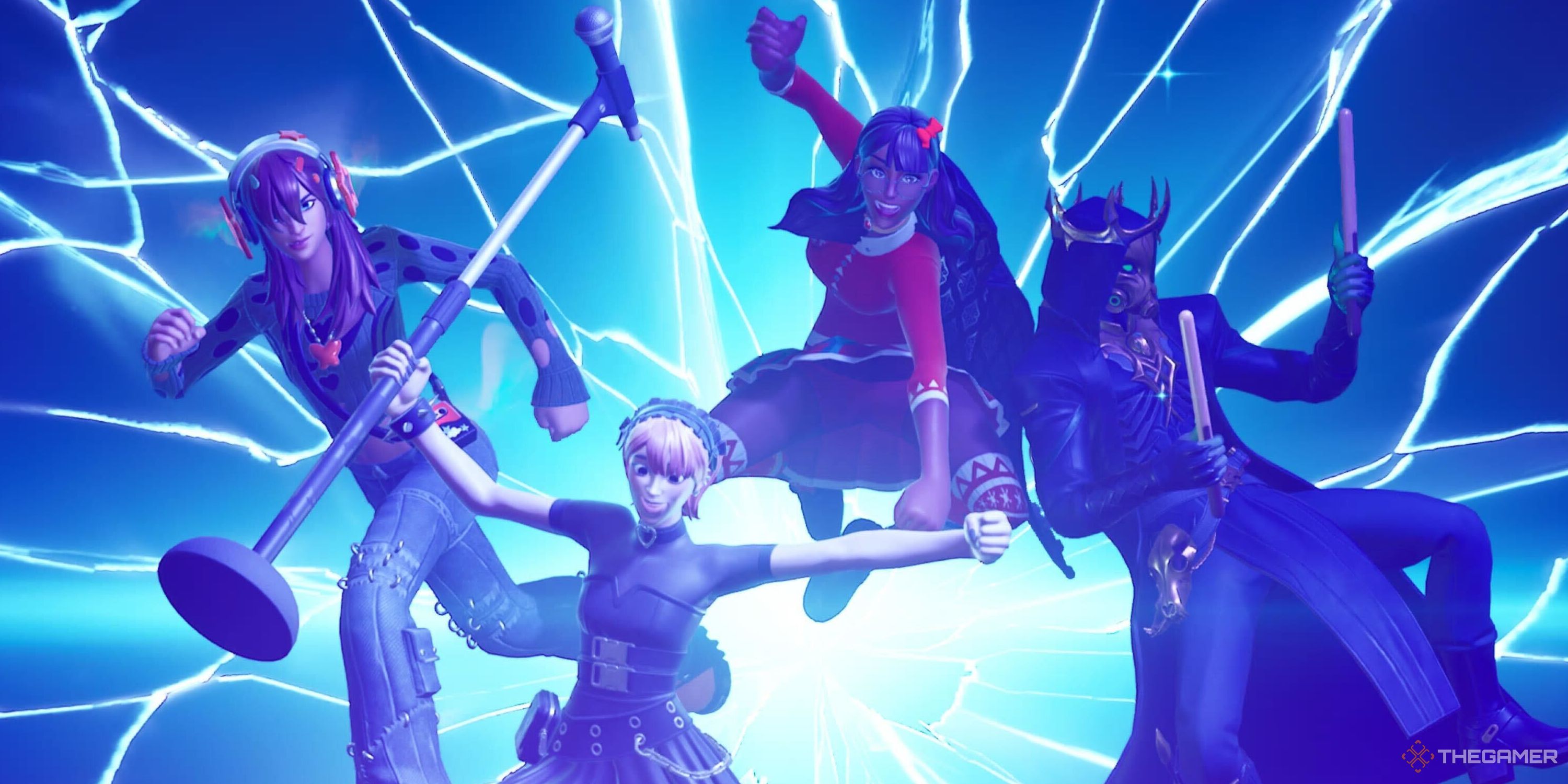 A screenshot from Fortnite Festival showing three players as band members warping into the stage from a rift behind them, while holding their instruments.