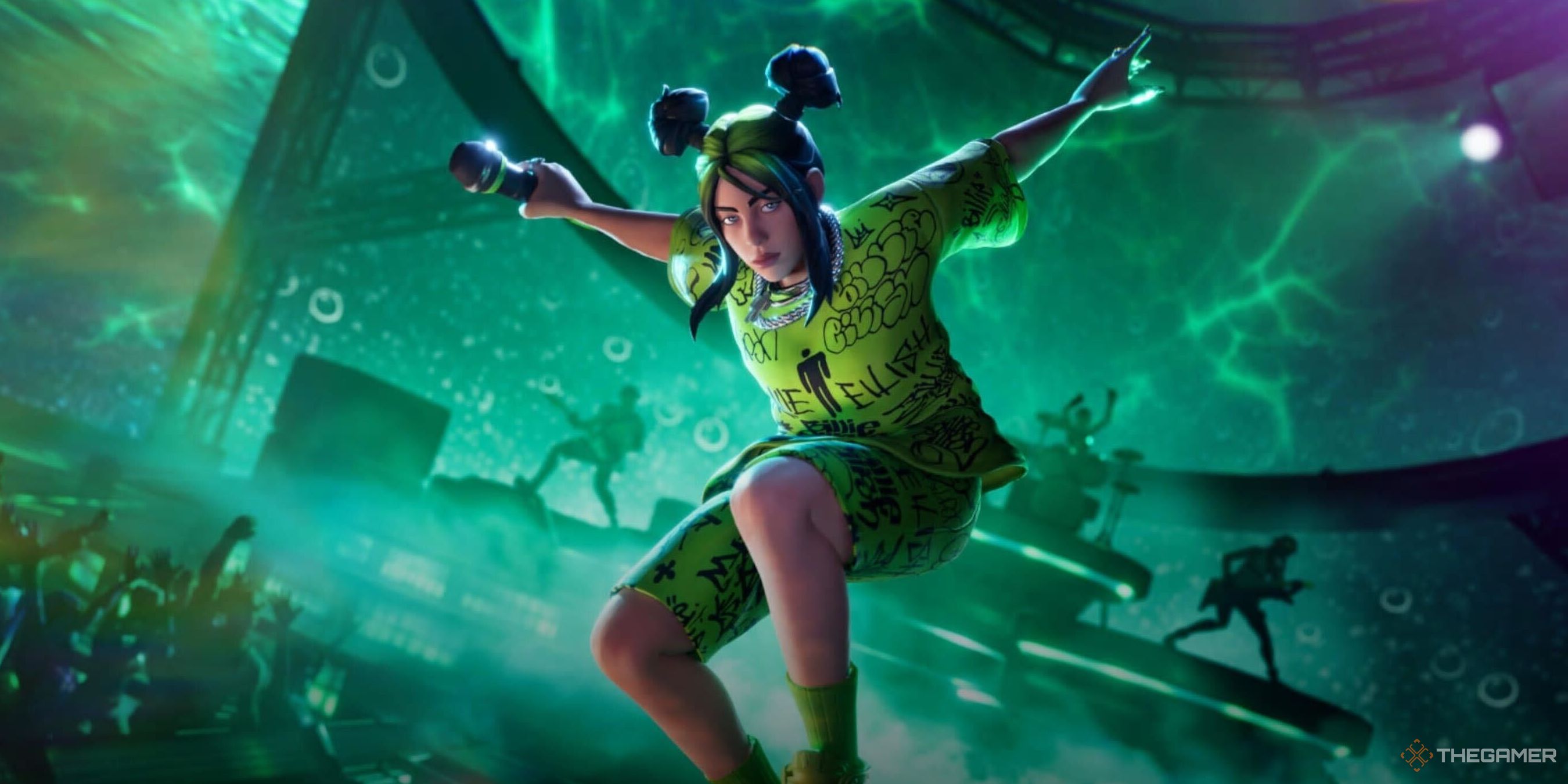 A screenshot from Fortnite showing the Billie Eilish skin mid-jump with a microphone in her hand. A tinted green band on stage and audience can be seen behind her.