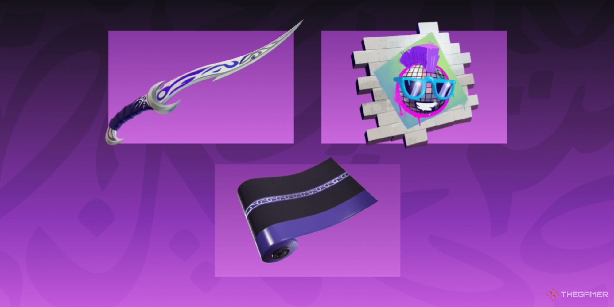 A screenshot from Fortnite Chapter Five, Season Two, shwoing three rewards from the Lantern Trials, including a slightly curved sword, a wrap with black and purple, and a purple disco ball with sunglasses.