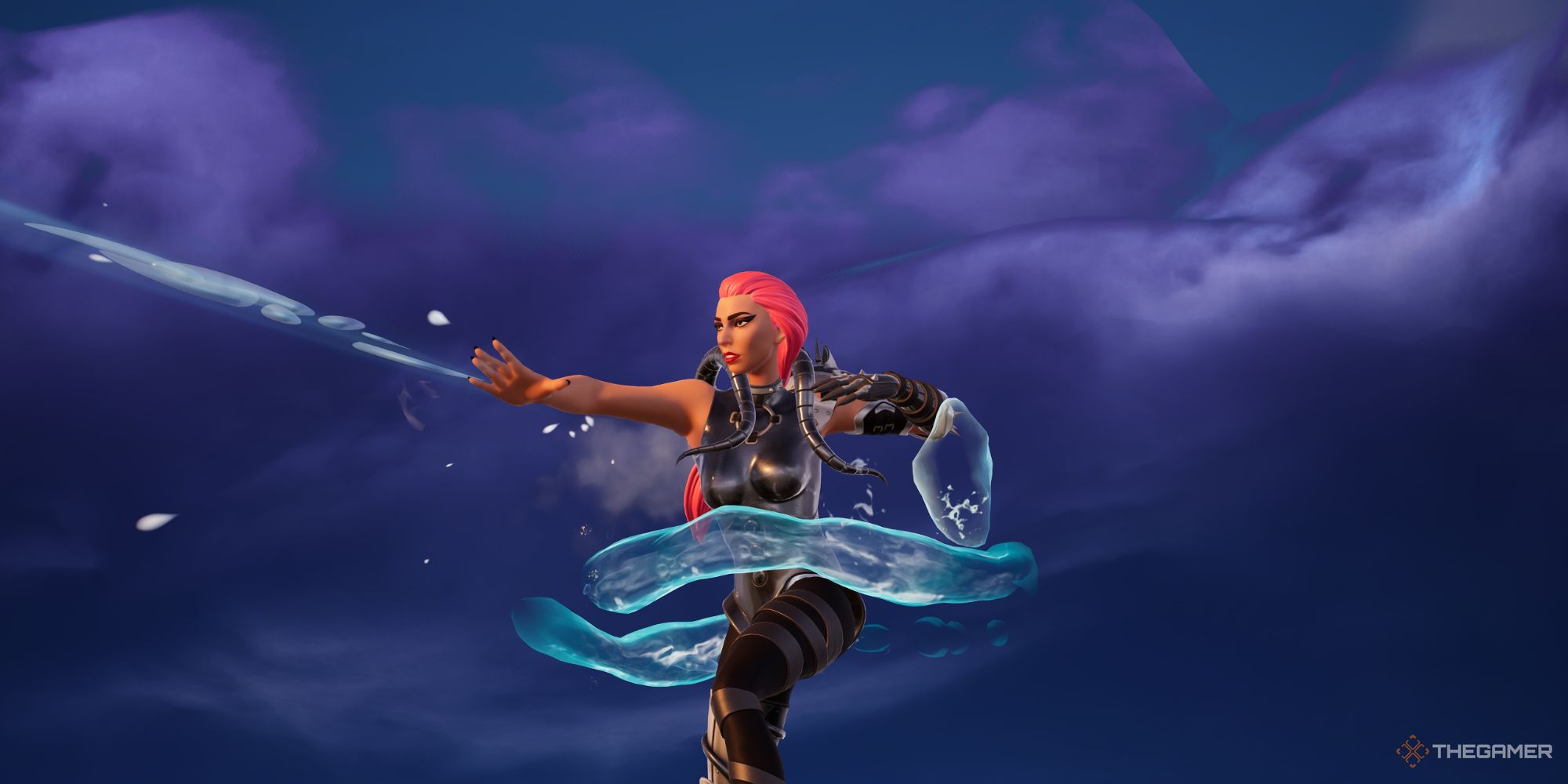An image from Fortnite of the playable character using theWaterbending Scroll Mythic to shoot water at their enemies. 