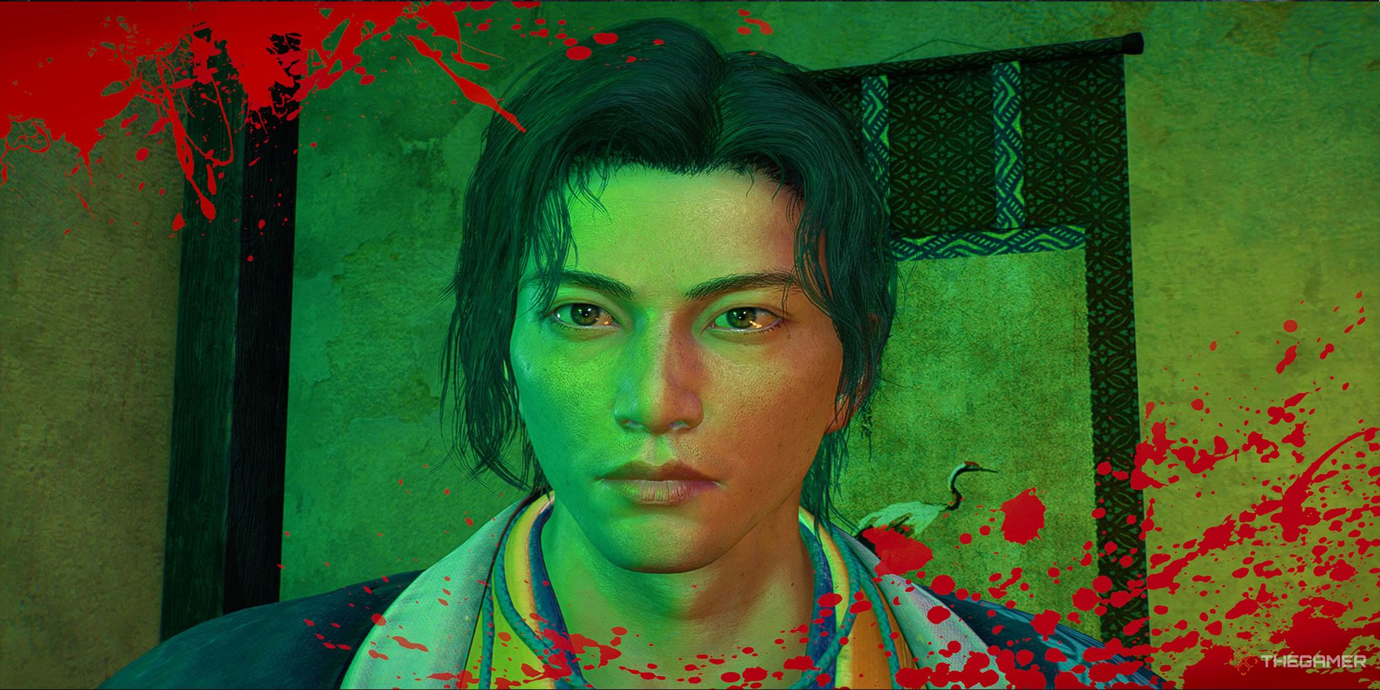 A photo of Genzui Kusaka bathed in green light and framed by splatters of blood from Rise Of The Ronin.