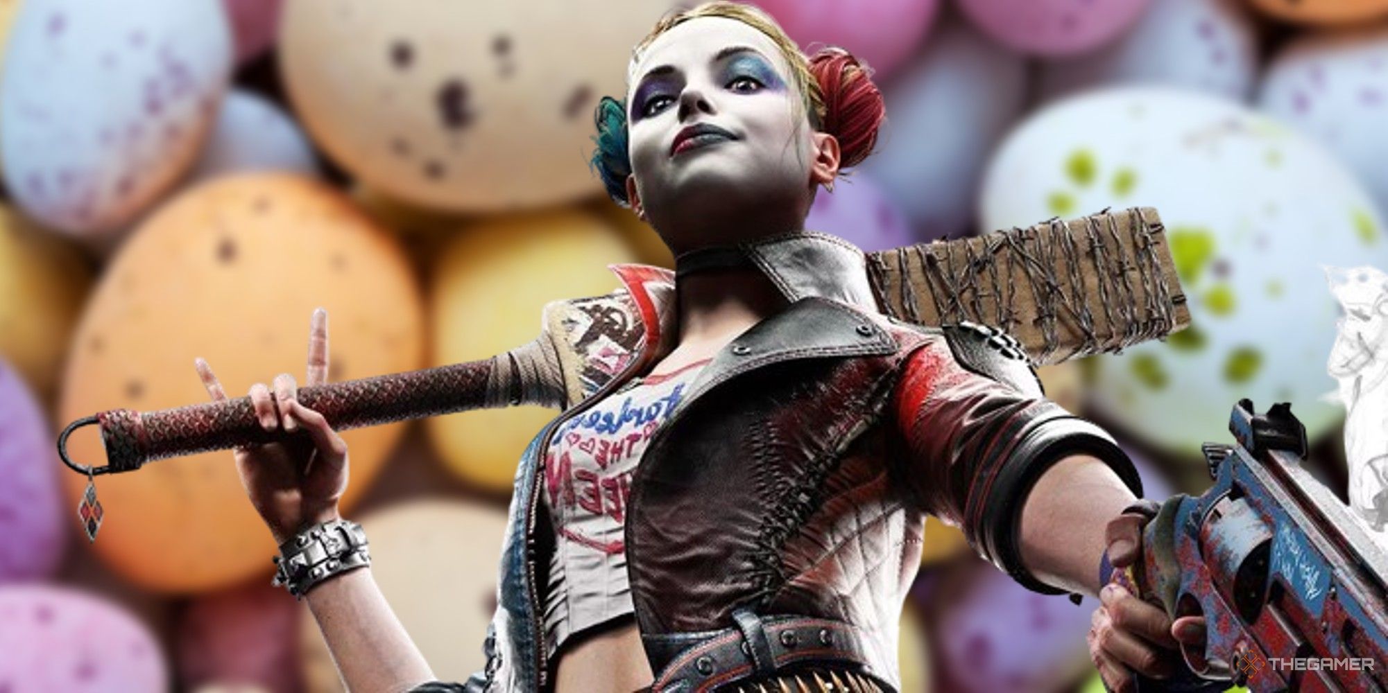 harley quinn from suicide squad kill the justice league in front of easter eggs