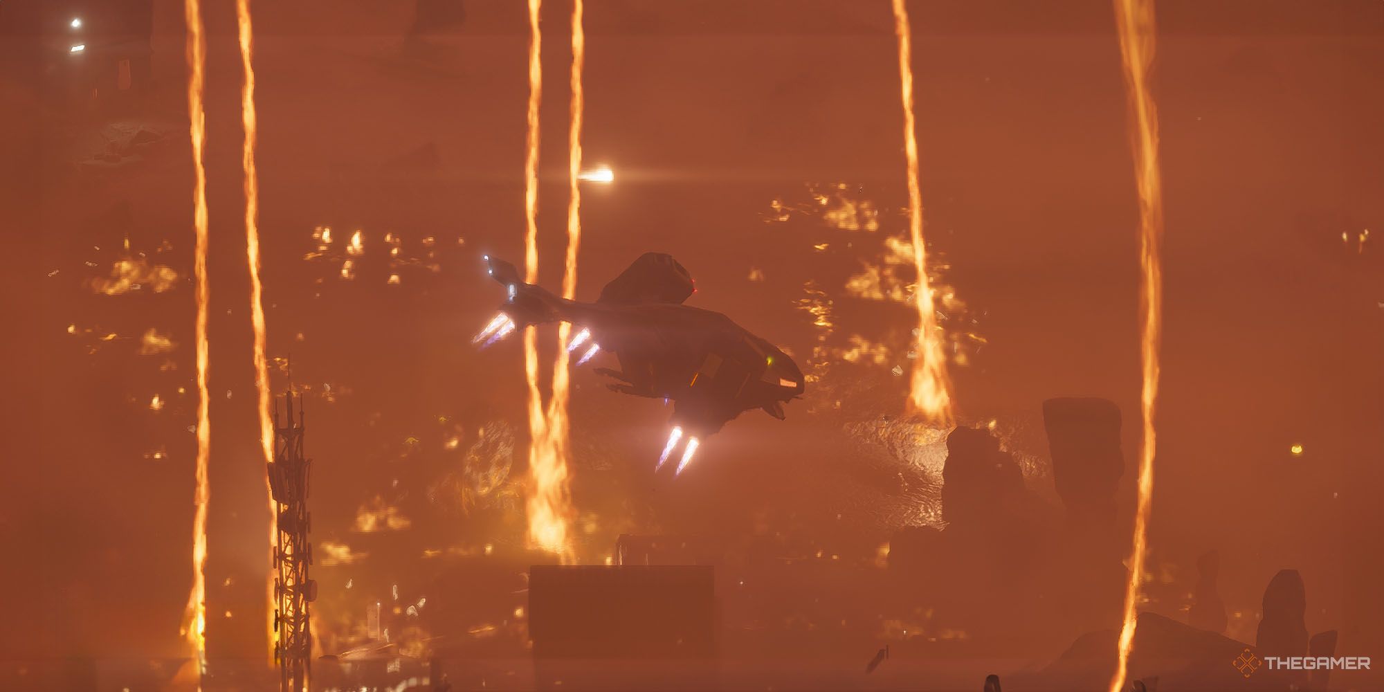 Helldivers 2 airship extraction with flaming tornadoes in the background, everything on fire
