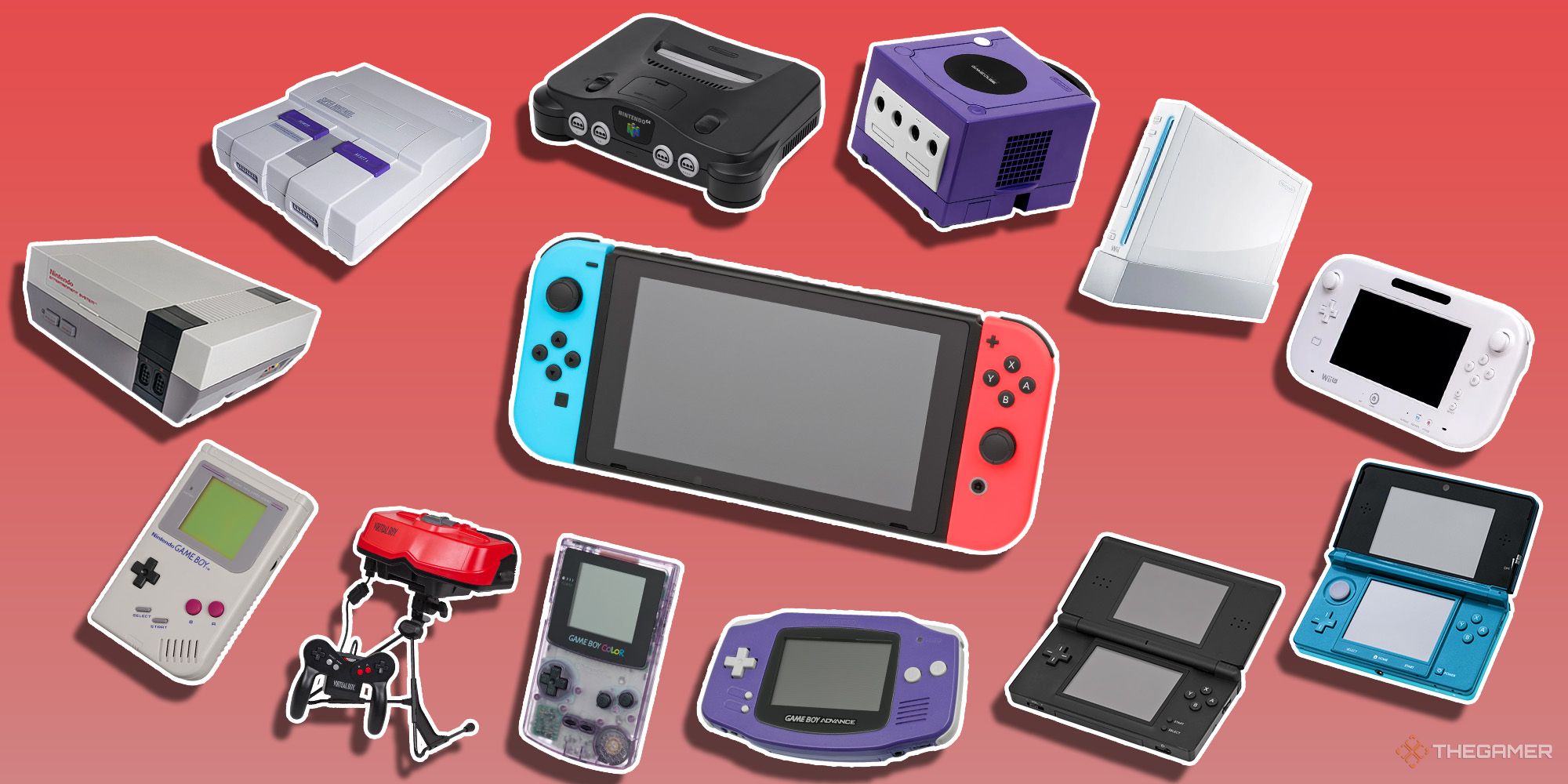 The Nintendo Switch surrounded by Nintendo consoles and handhelds