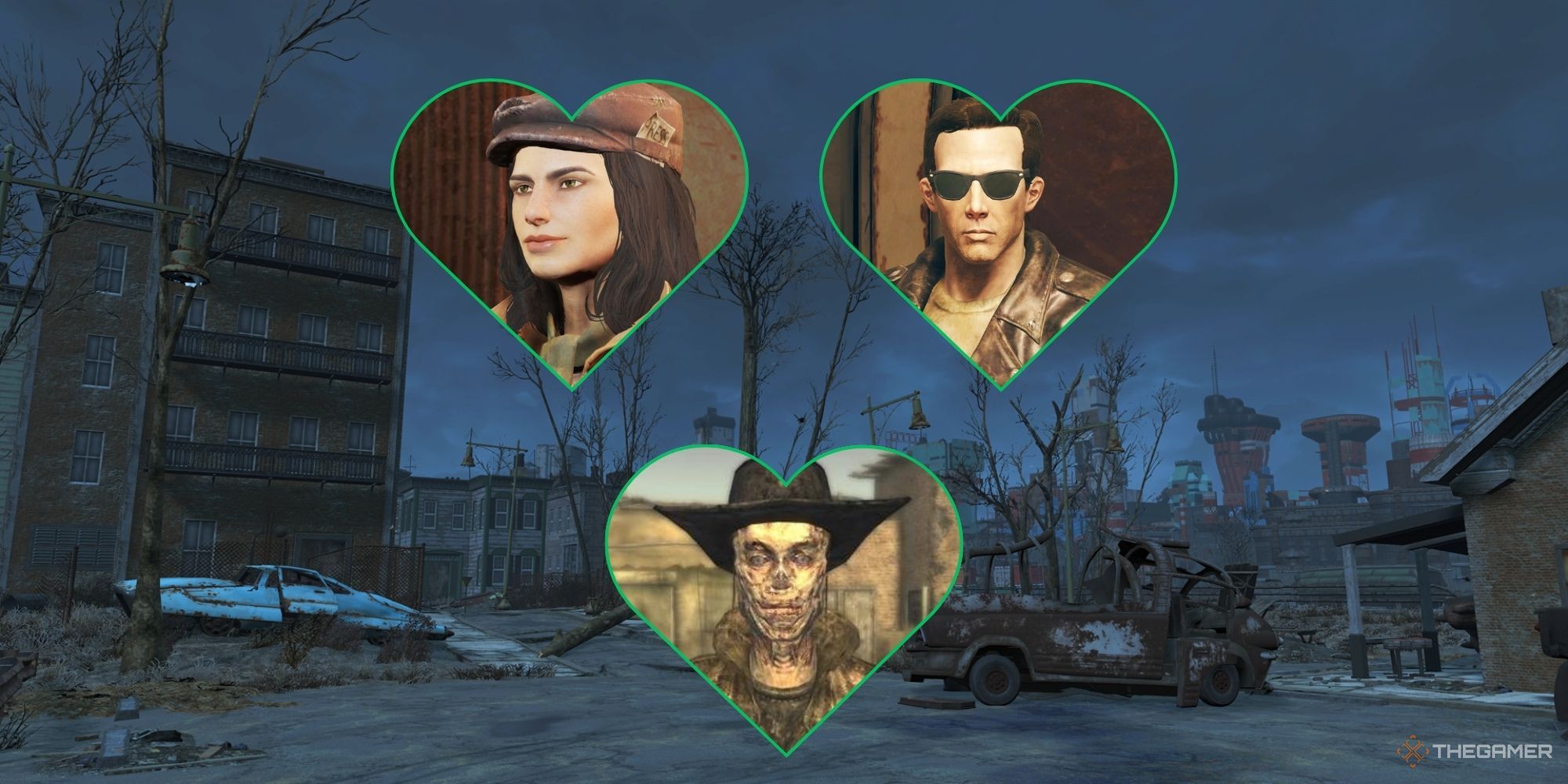 How Many Romances In Fallout Series Featured Image of characters in hearts with wasteland background