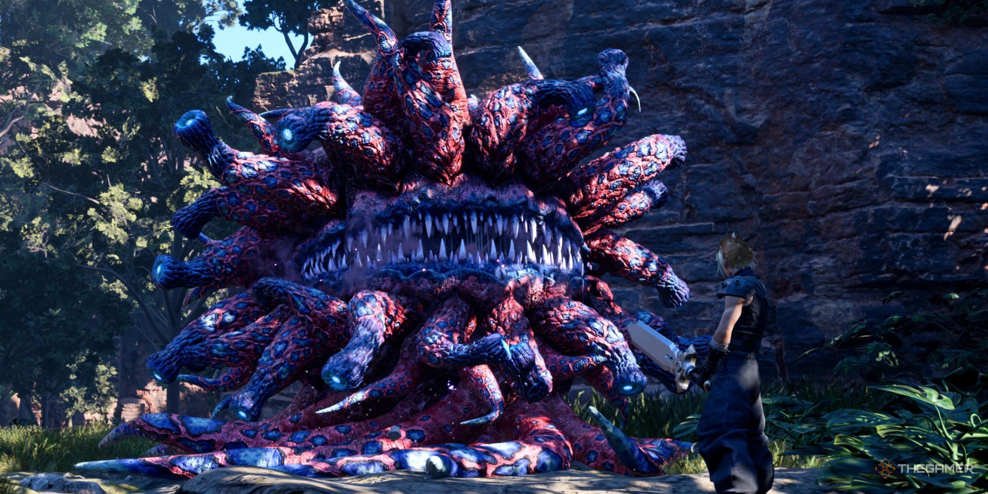 Cloud standing before the Great Malboro in the Gongaga Region in Final Fantasy 7 Rebirth.