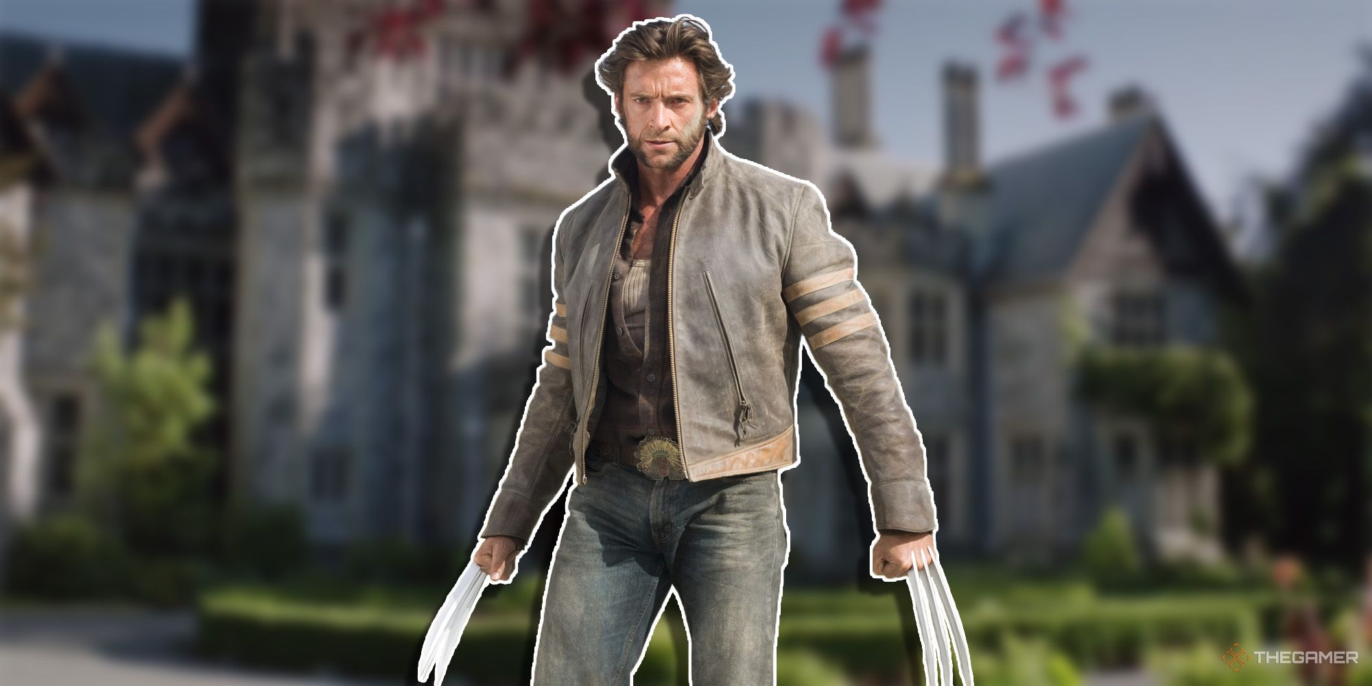 Wolverine standing in front of X-Mansion from X-Men