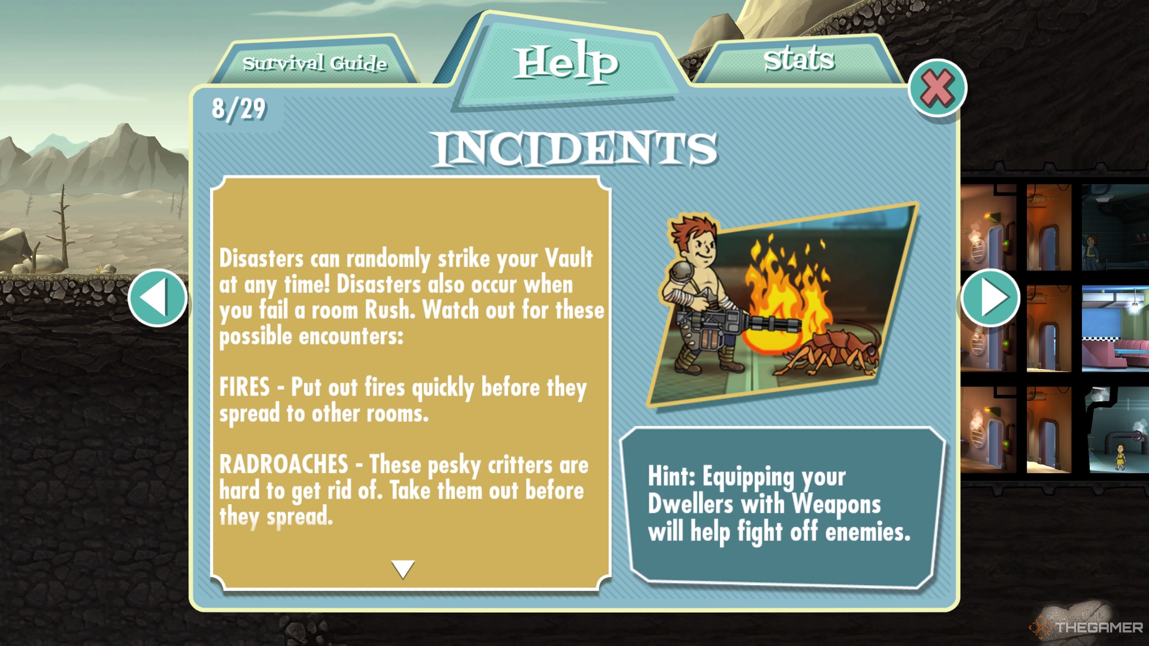 Screenshot of help page that shows what incidents are in Fallout Shelter