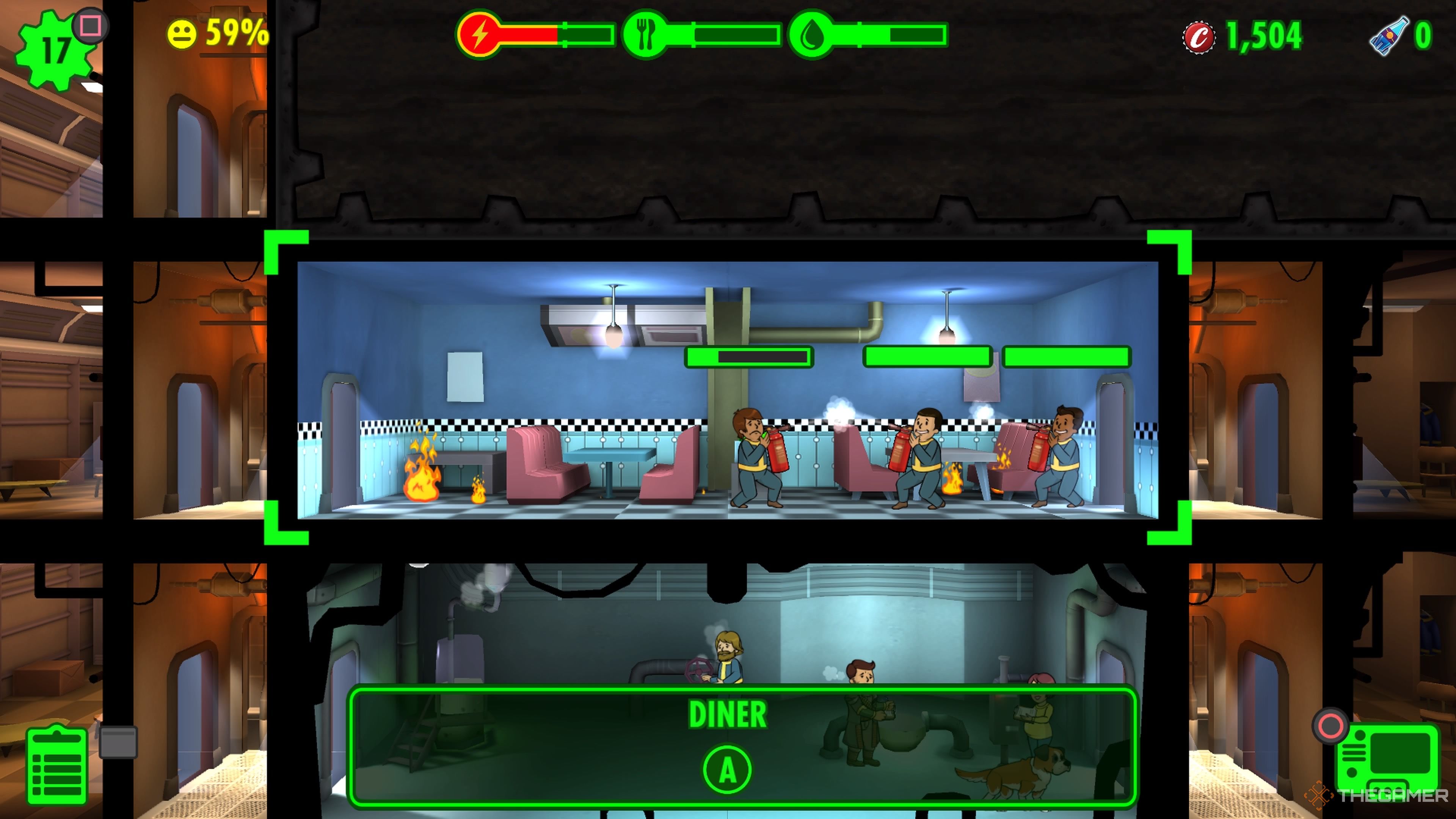 Diner on fire, Dwellers putting it out in Fallout Shelter