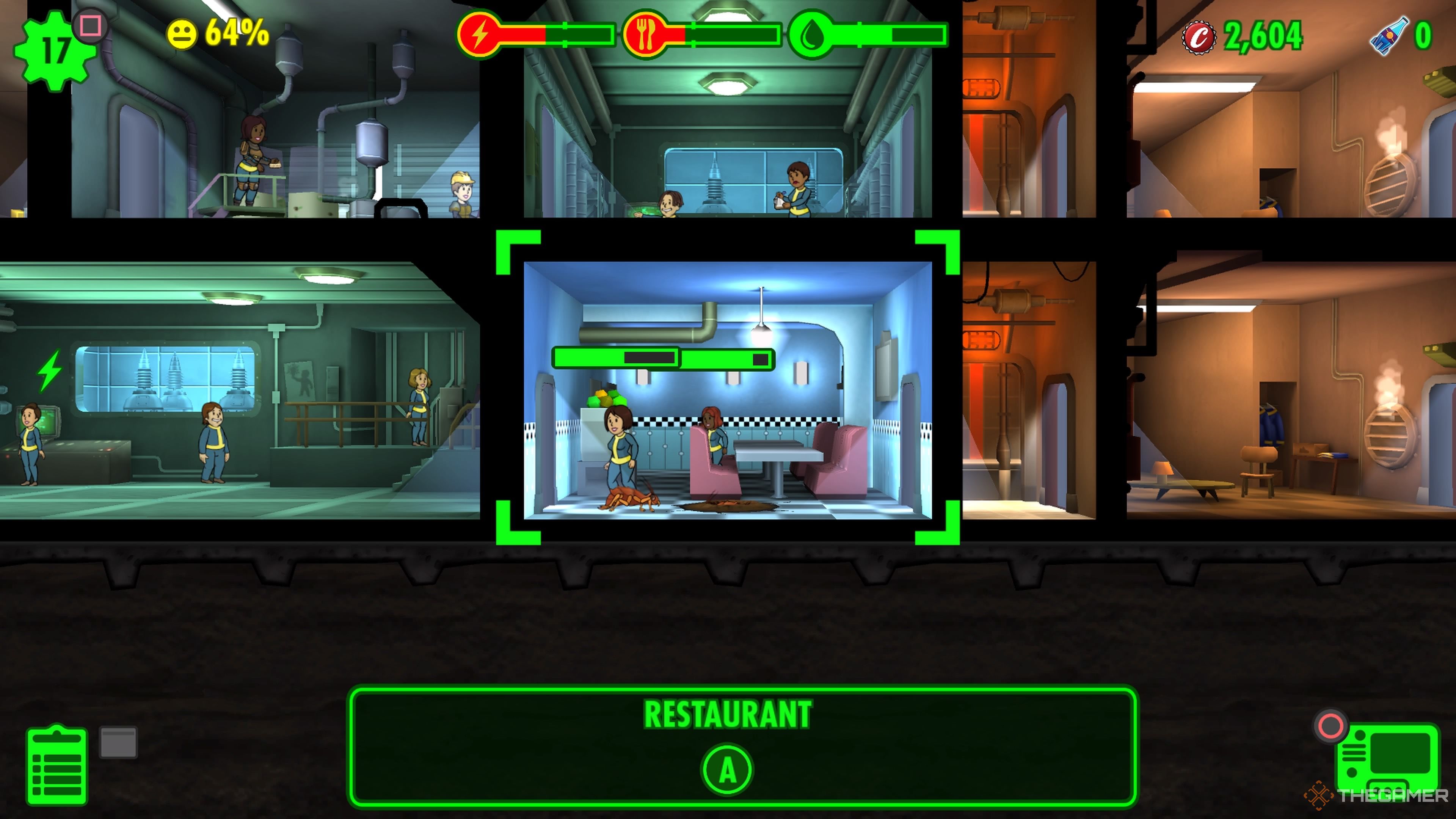 Restaurant has been invaded by radroaches, Dwellers running to fight them in Fallout Shelter.