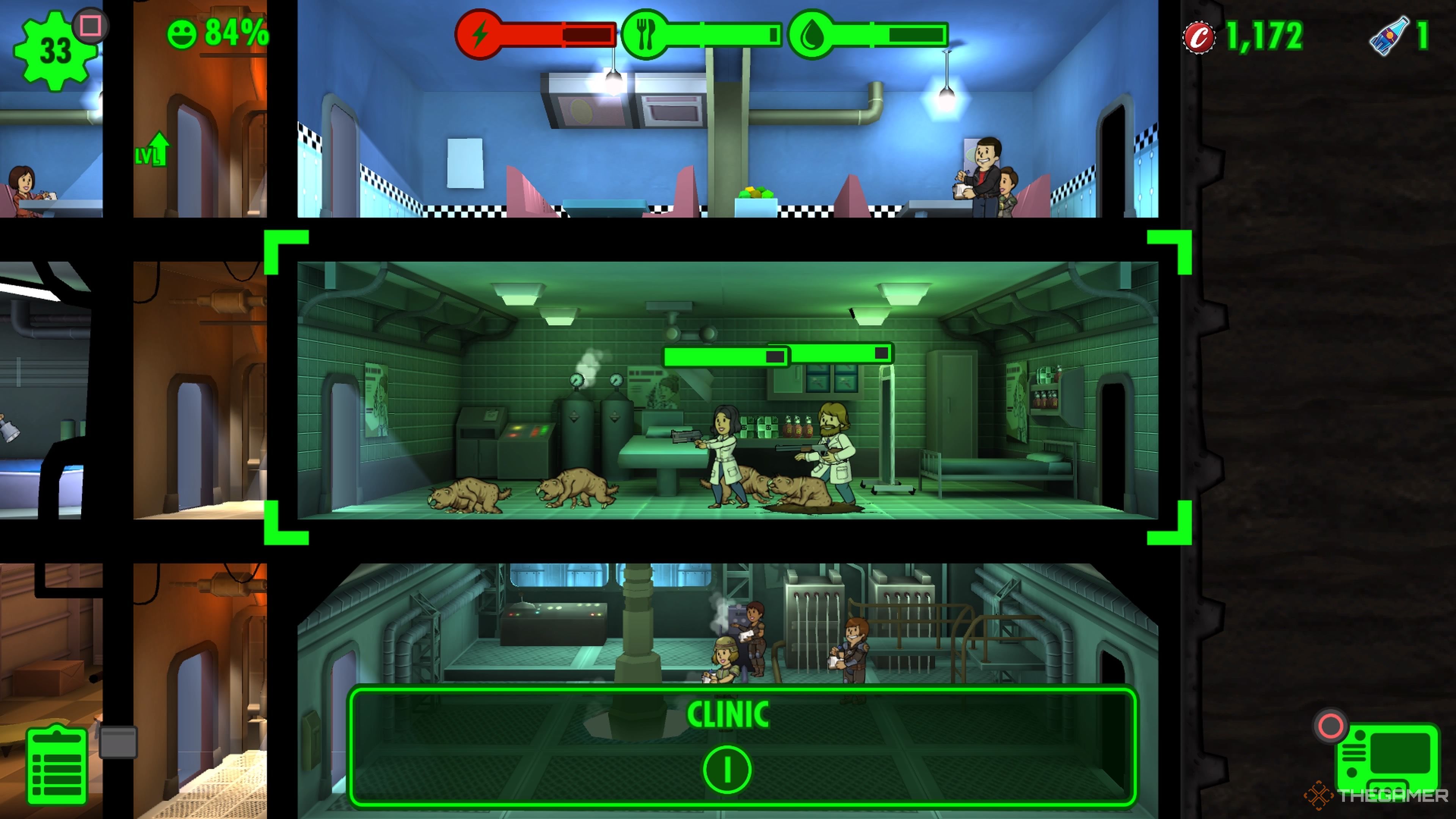 Dwellers in the Clinic Fighting Molerat invasion in Fallout Shelter.