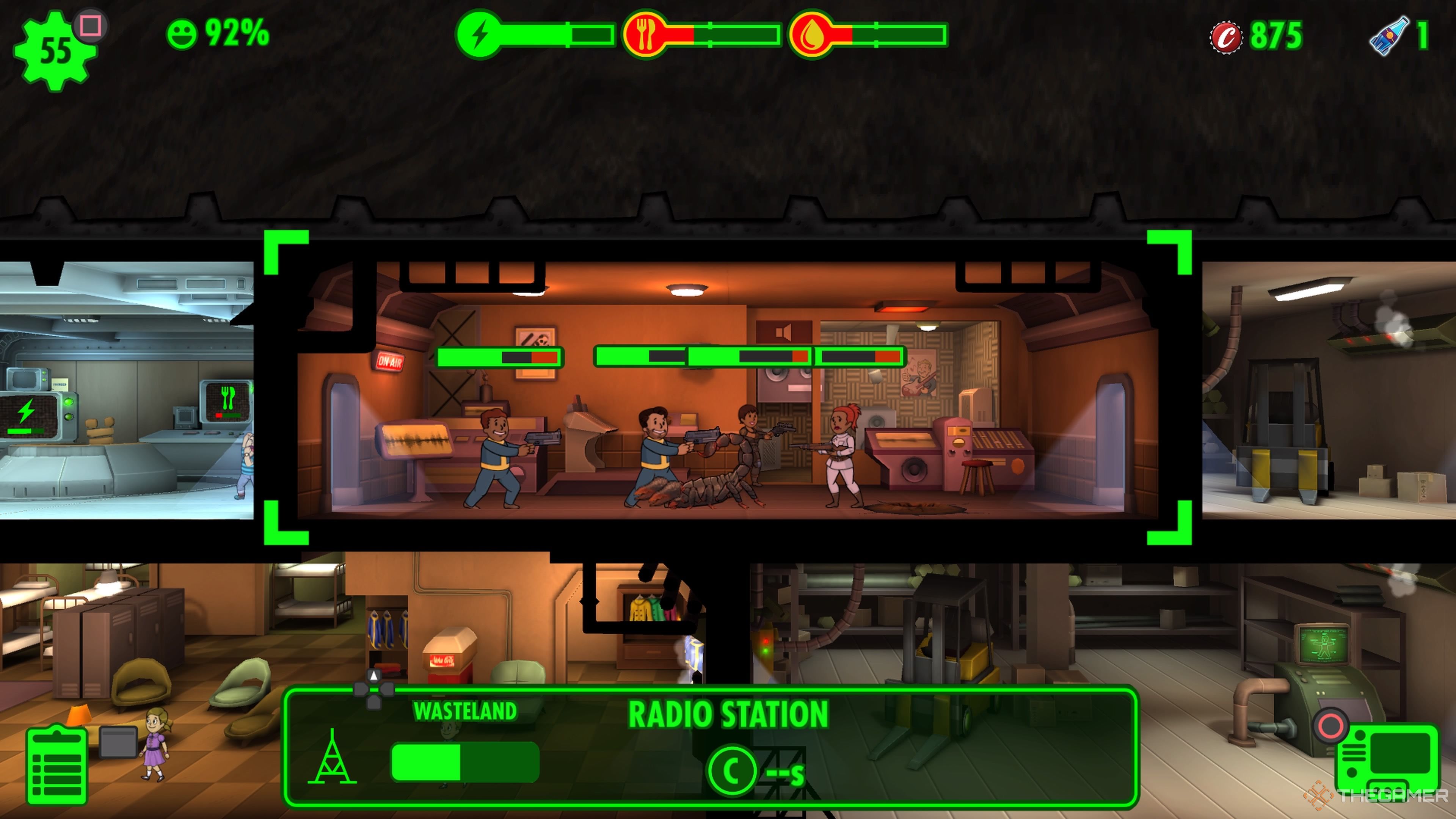 Dwellers fighting a radscorpion in the Radio Station in Fallout Shelter