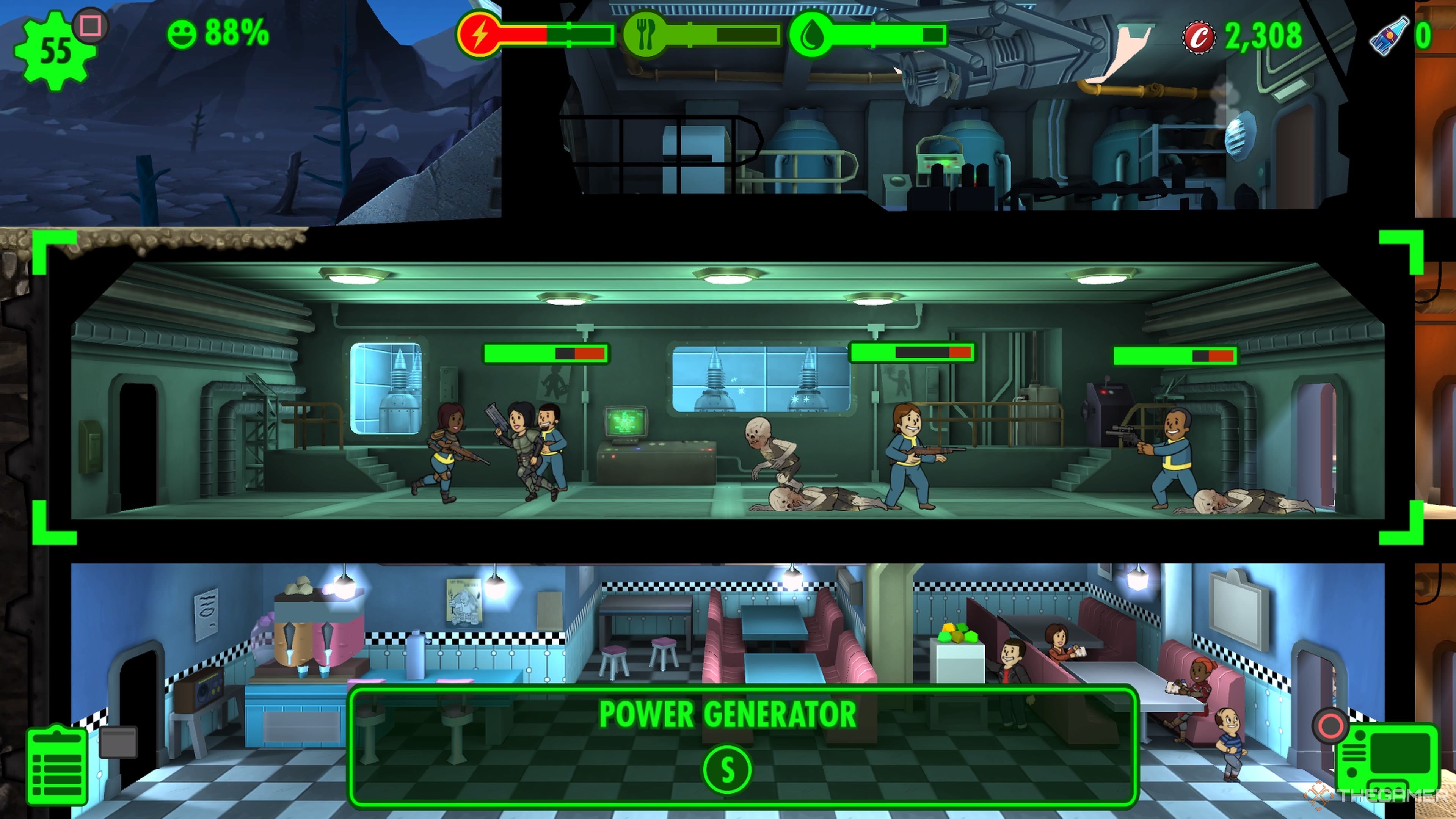 Dwellers fighting feral ghouls in the Power Generator in Fallout Shelter