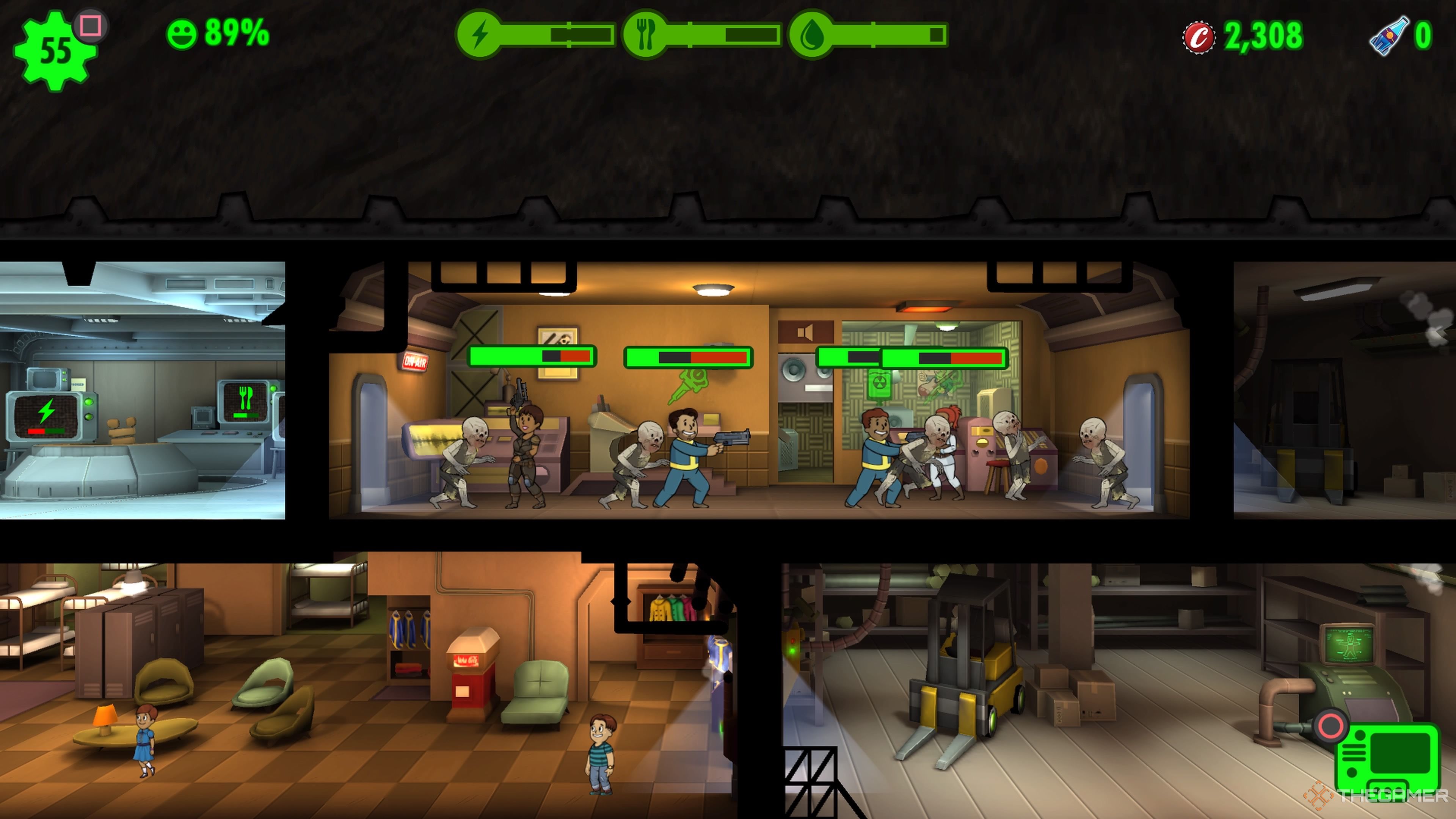 Dwellers fighting feral ghouls in the Radio room in Fallout Shelter.