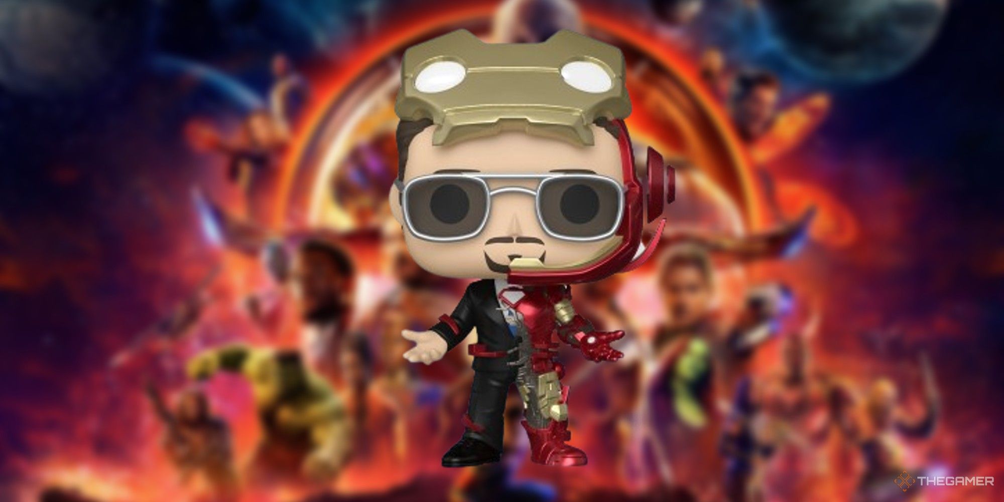 iron man nanotech suit funko pop on an avengers infinity war background