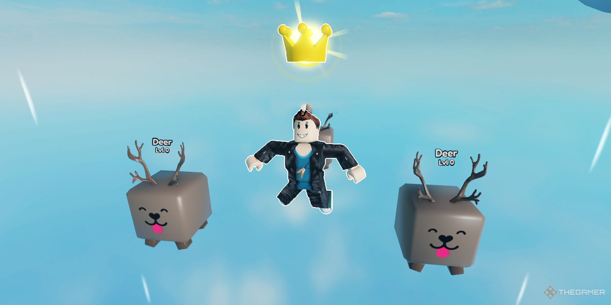 A Roblox character and his pets soar in the air in Jump Clicker 2.