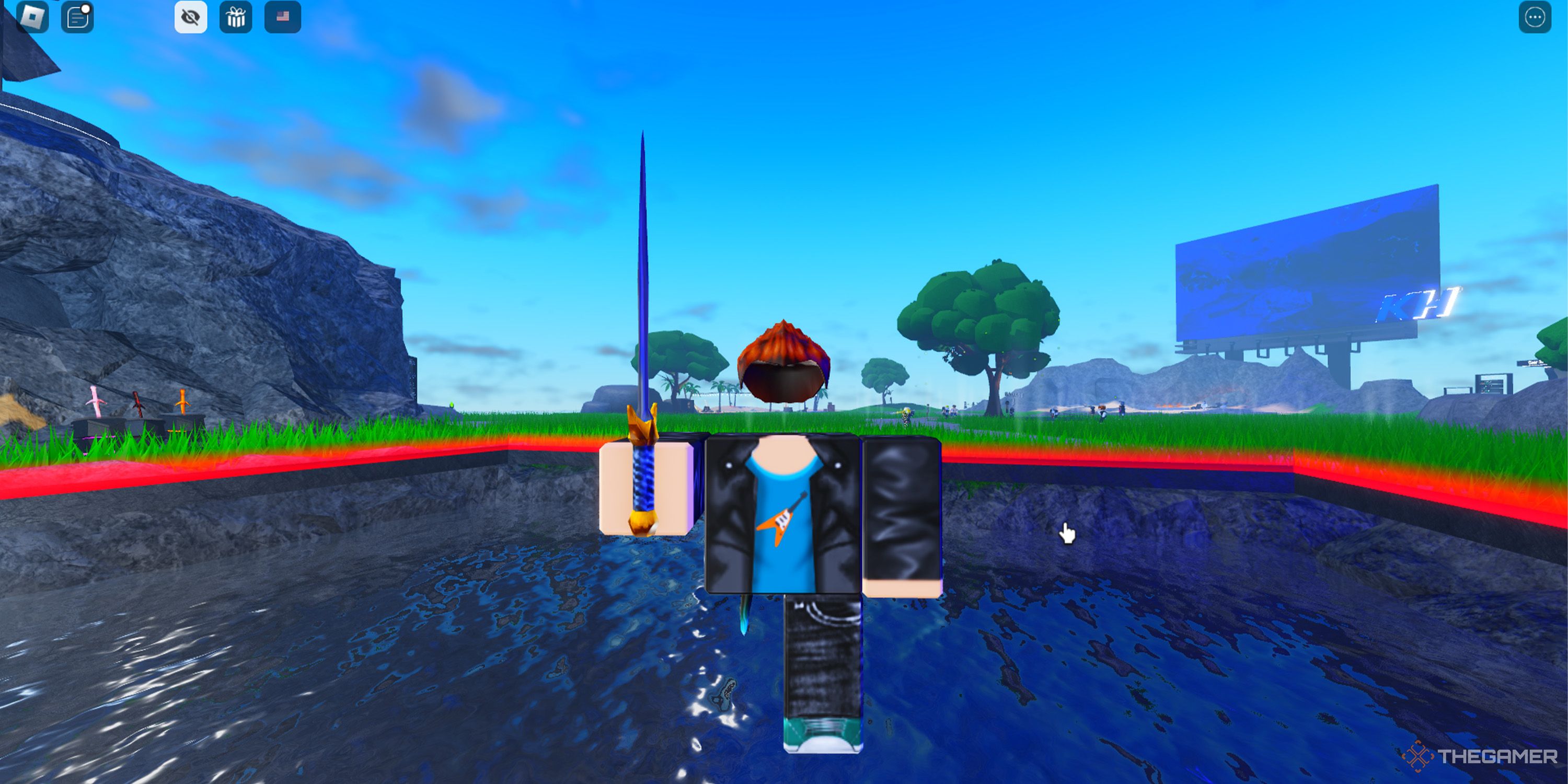 A headless Roblox character with one leg holds a sword inside a reflective pool-themed battle arena in Korblox And Headless Hangout.
