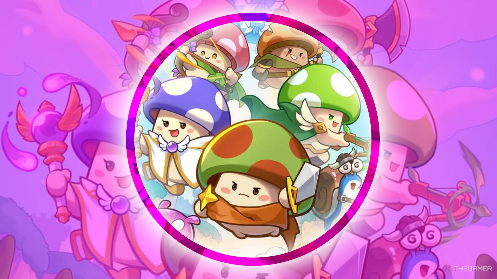 Legend of Mushroom - Various mushrooms are ready for adventure displayed on pink bacground