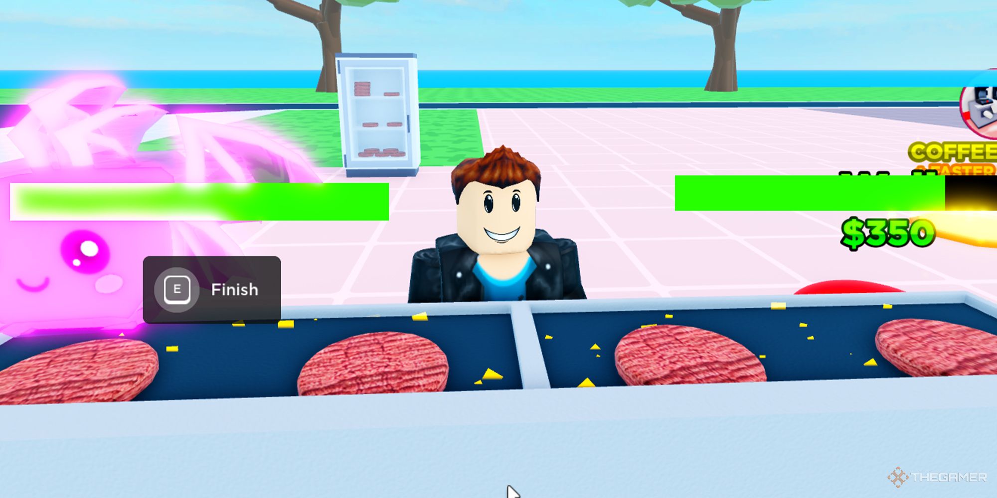 A Roblox character and his pet grill burger patties over two stove tops in Burger Store Tycoon.
