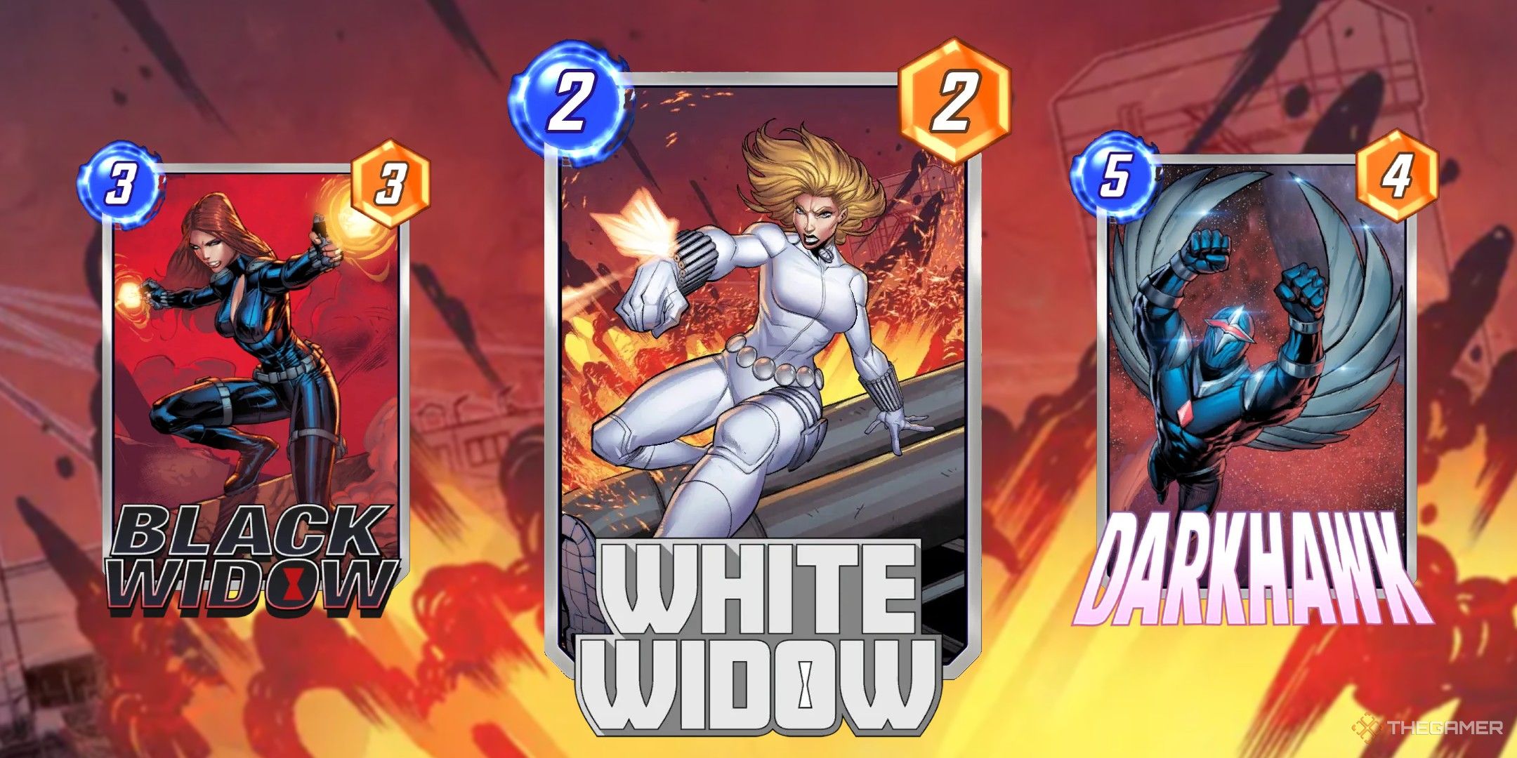 Marvel Snap Cards Black Widow, White Widow and Darkhawk