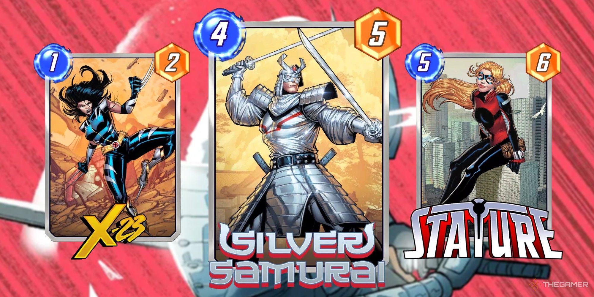 Marvel Snap Cards x-23, Silver Samurai and Stature