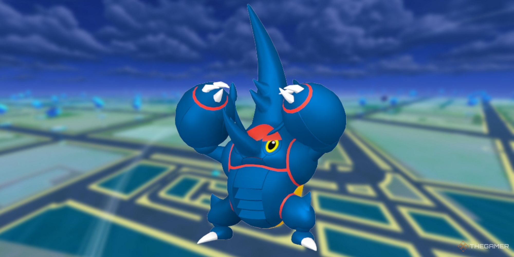 Image of Mega Heracross from Pokemon with the Pokemon Go map as the background