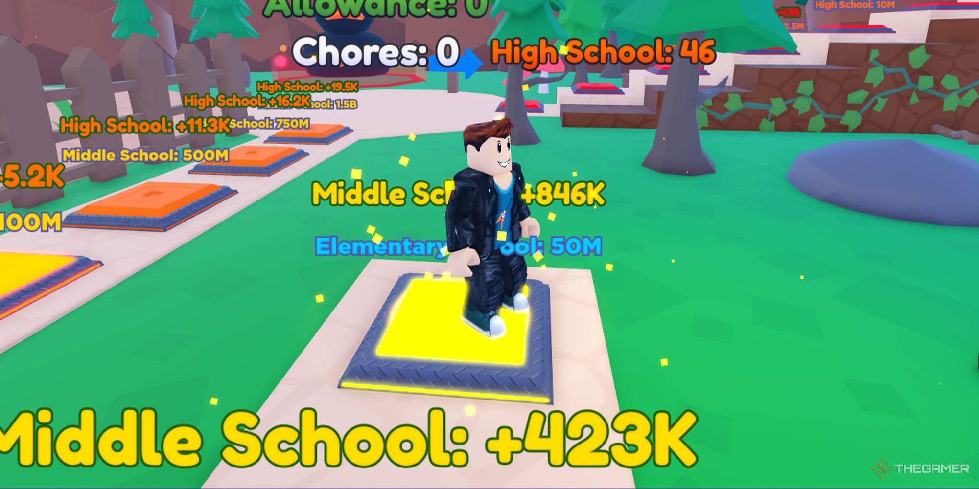 A Roblox character stands on a yellow Middle School investment button in Billionaire Button Simulator.