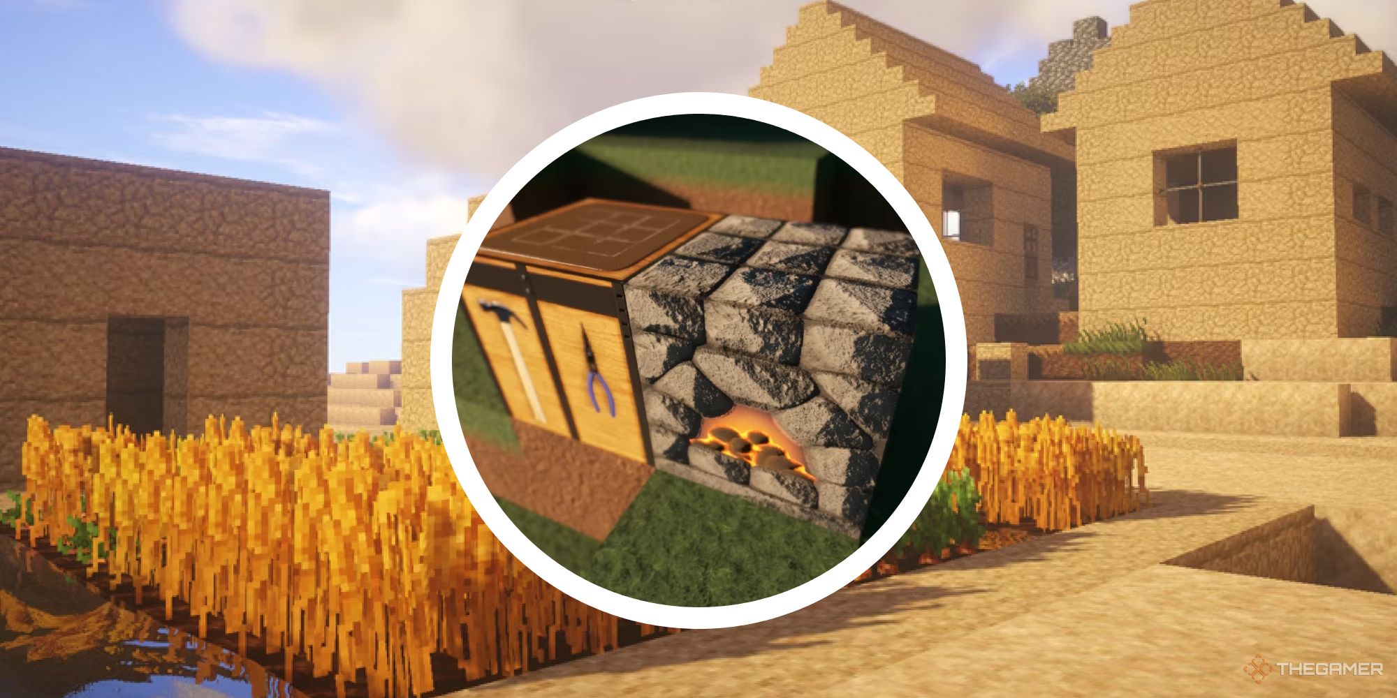 minecraft texture pack featured image showing house with circle of crafting station