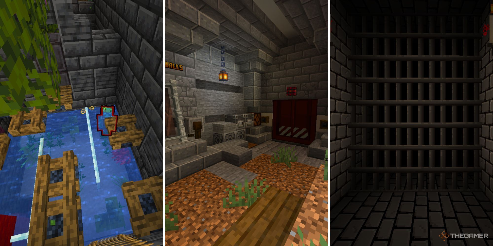 A split image of a drowned in a waterlogged puzzle room, a red blast door in an underground complex, and a dark, stone brick maze with iron bars.