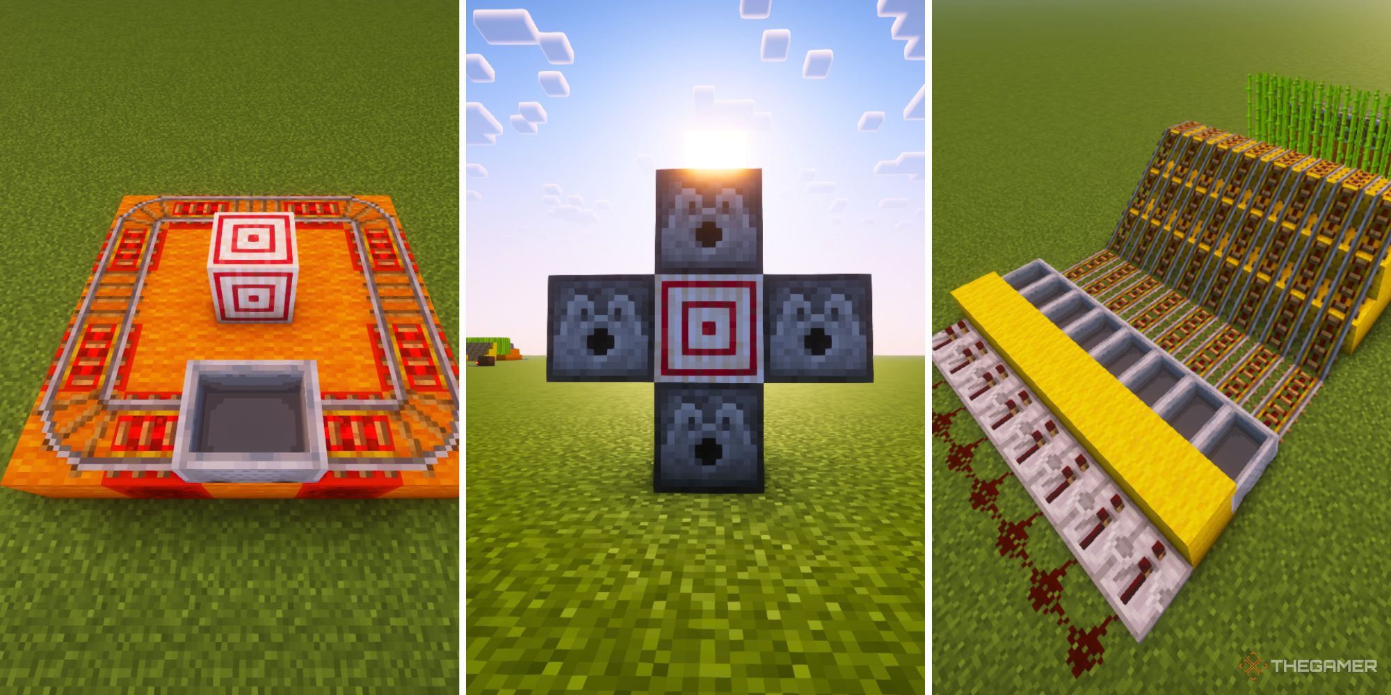 A split image of a minecart circling a target, a target surrounded by dispensers, and a complex sugarcane contraption.
