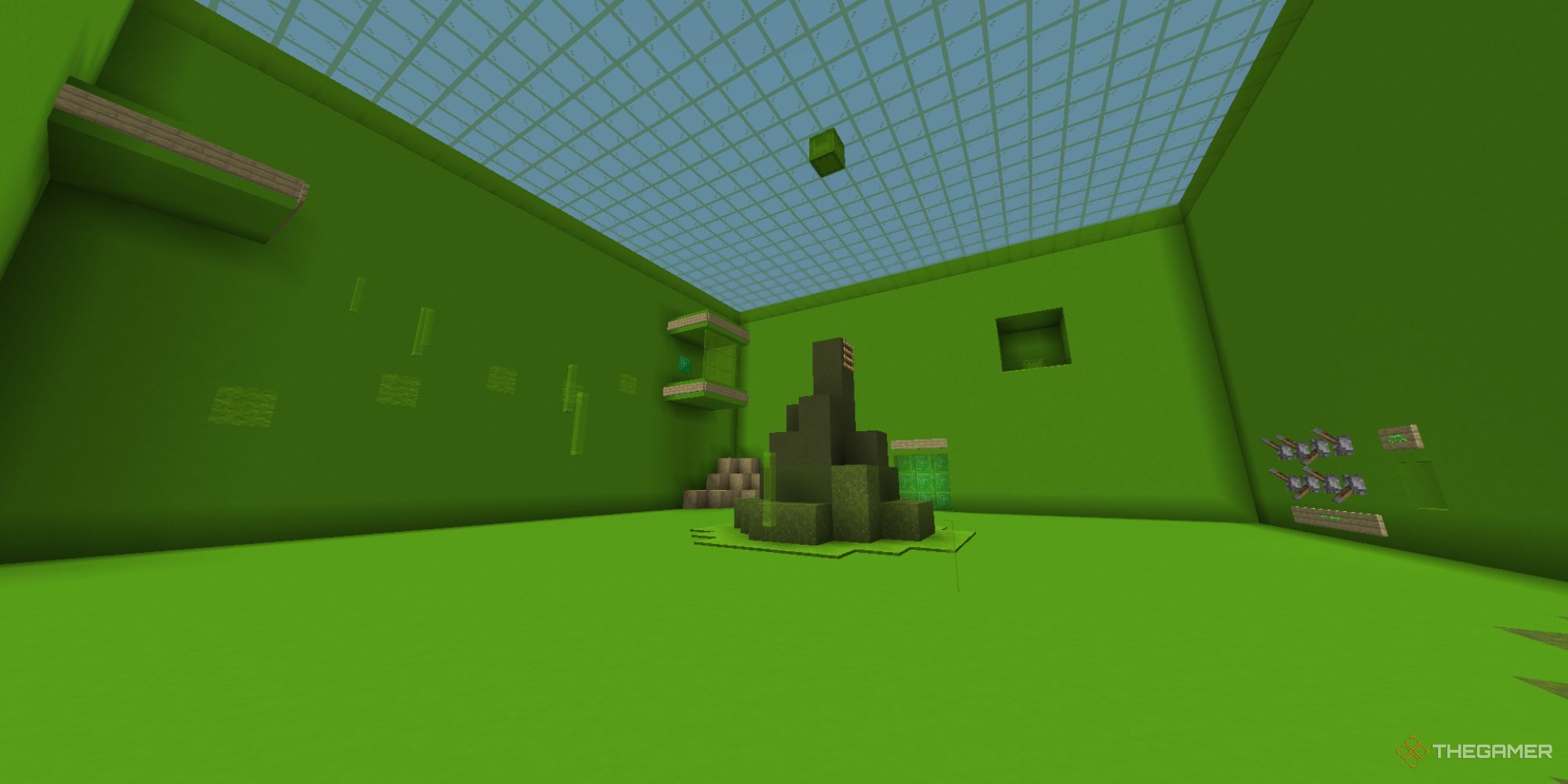 A largely bright green room with various puzzle and parkour challenges to figure out inside.