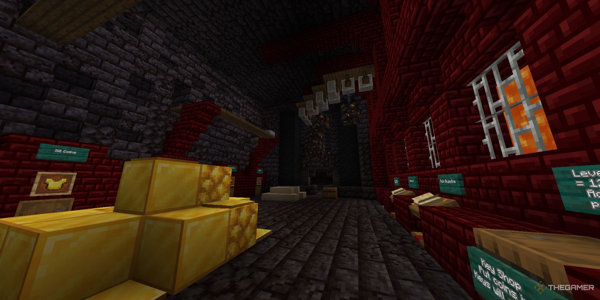 A safe area with gold blocks, lava, red and black brick blocks, books to read, and items to purchase.