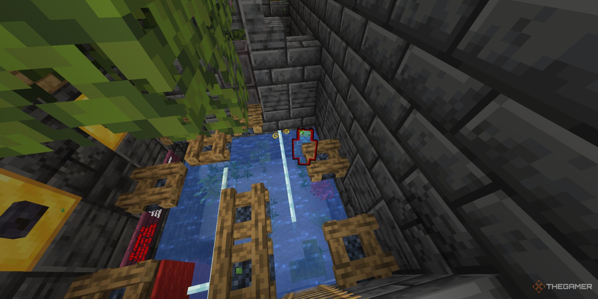 A Drowned mob with a red outline seen below the player in a waterlogged puzzle room.