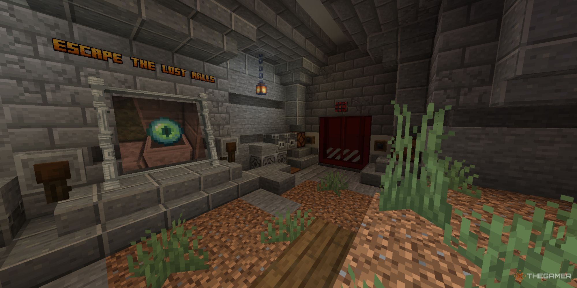 The beginning area of an underground escape map, showing special text, dirt, grass, stone brick, and a big, red blast door.