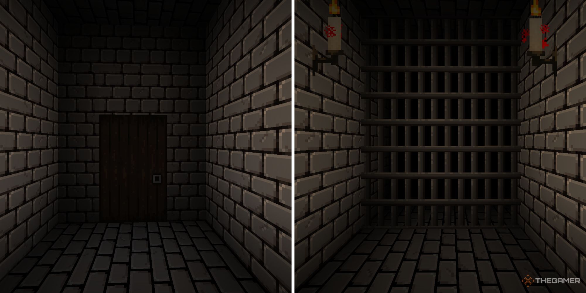 A split image of dark, stone brick corridors showing a wood door and iron bars.