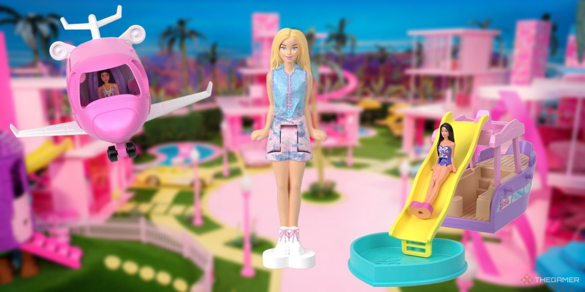 mini barbieland plane, doll, and boat slide